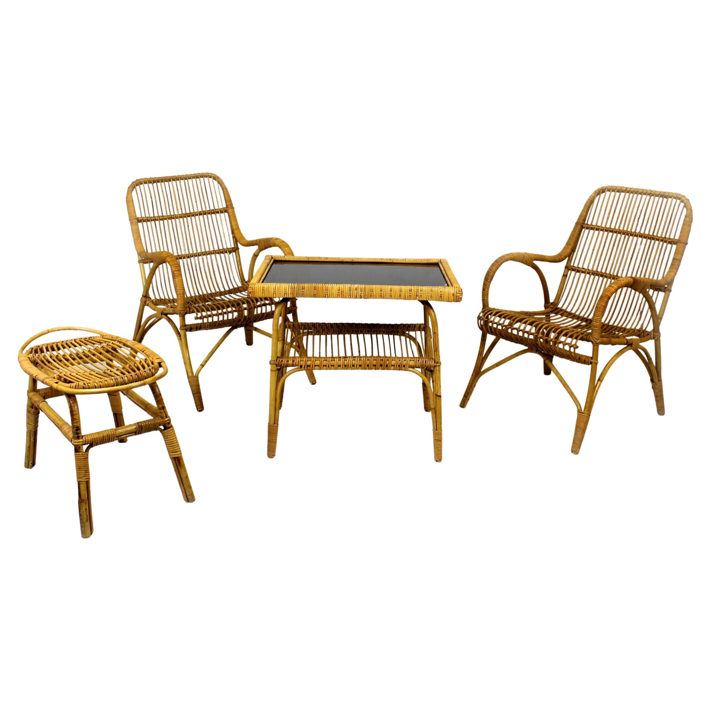Rattan Armchairs, Table and Stool, 1960s, Set of 4