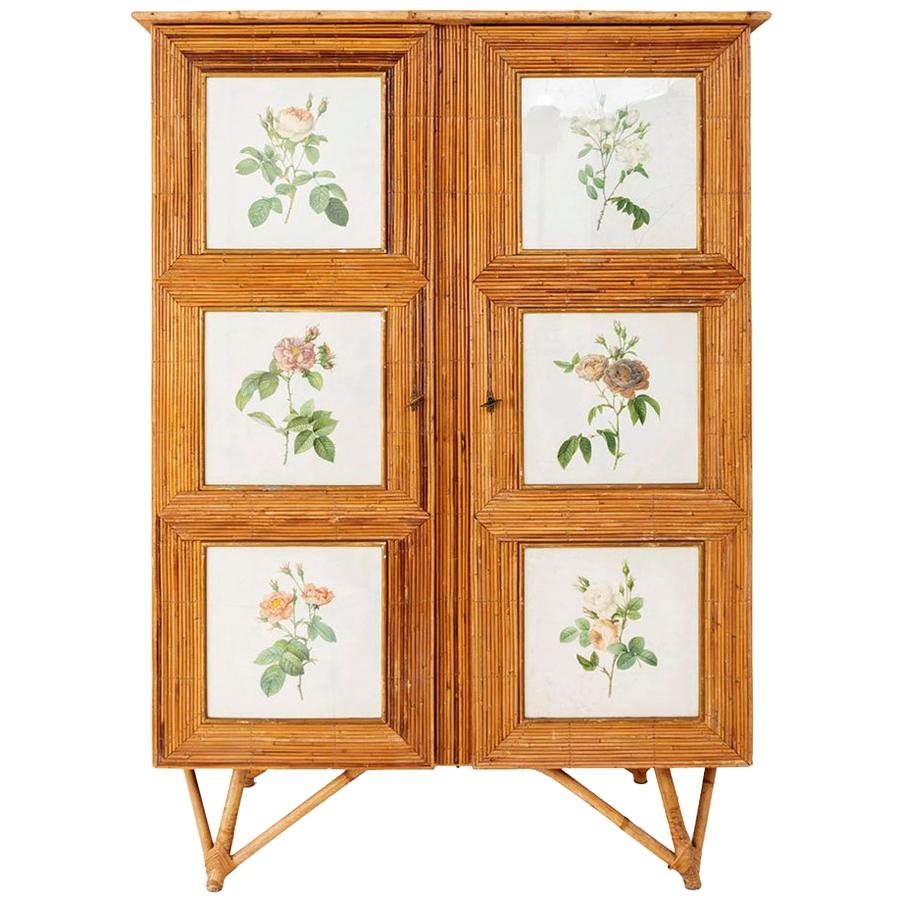 Rattan Armoire Adorned with Flowers Engravings, circa 1960