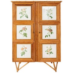 Rattan Armoire Adorned with Flowers Engravings, circa 1960