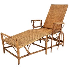 Rattan Art Deco Used Chaise Longue by Perret & Vibert Attributed France 1920s