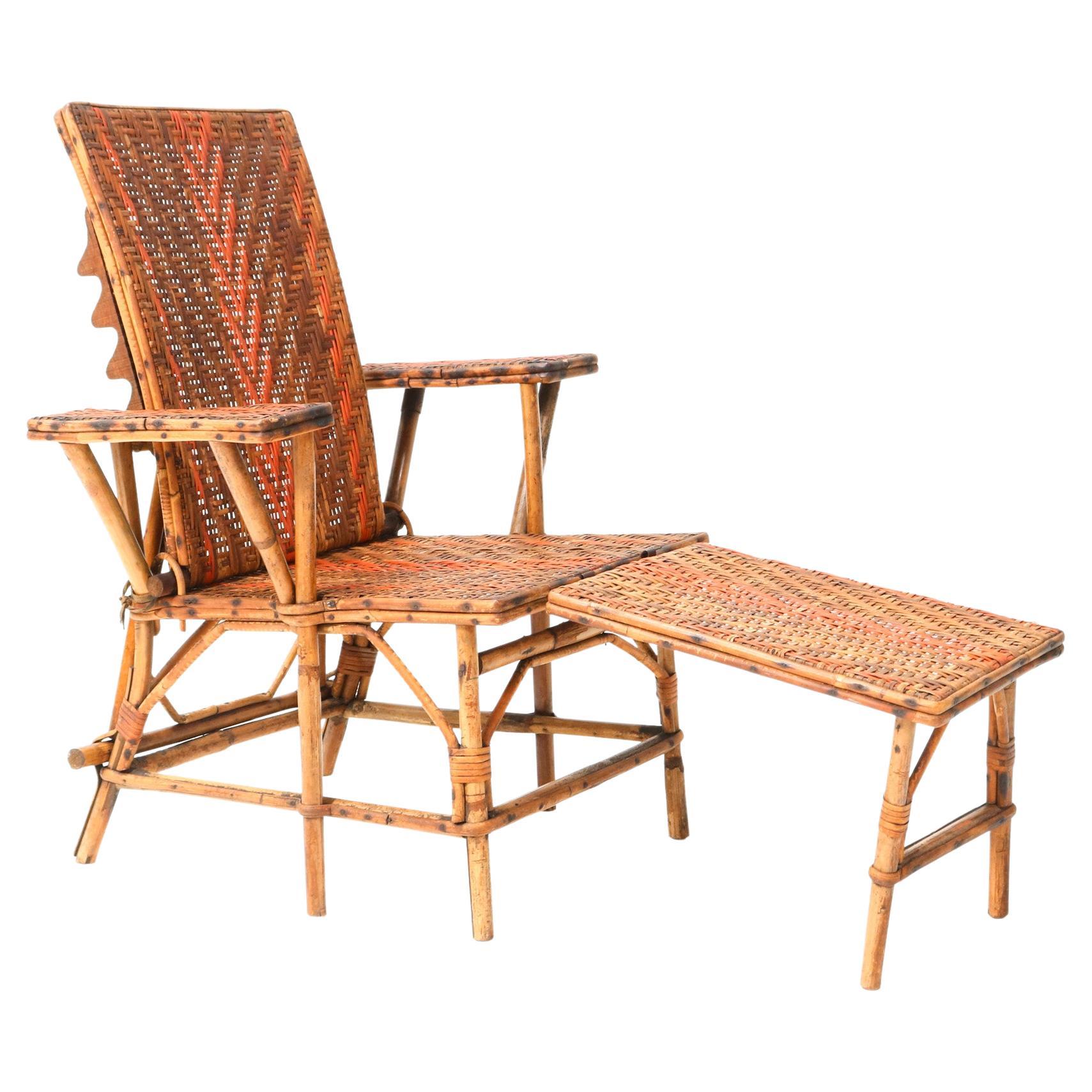 Klappbarer Jugendstil-Deckenstuhl oder Loungesessel aus Rattan, 1900er Jahre im Angebot