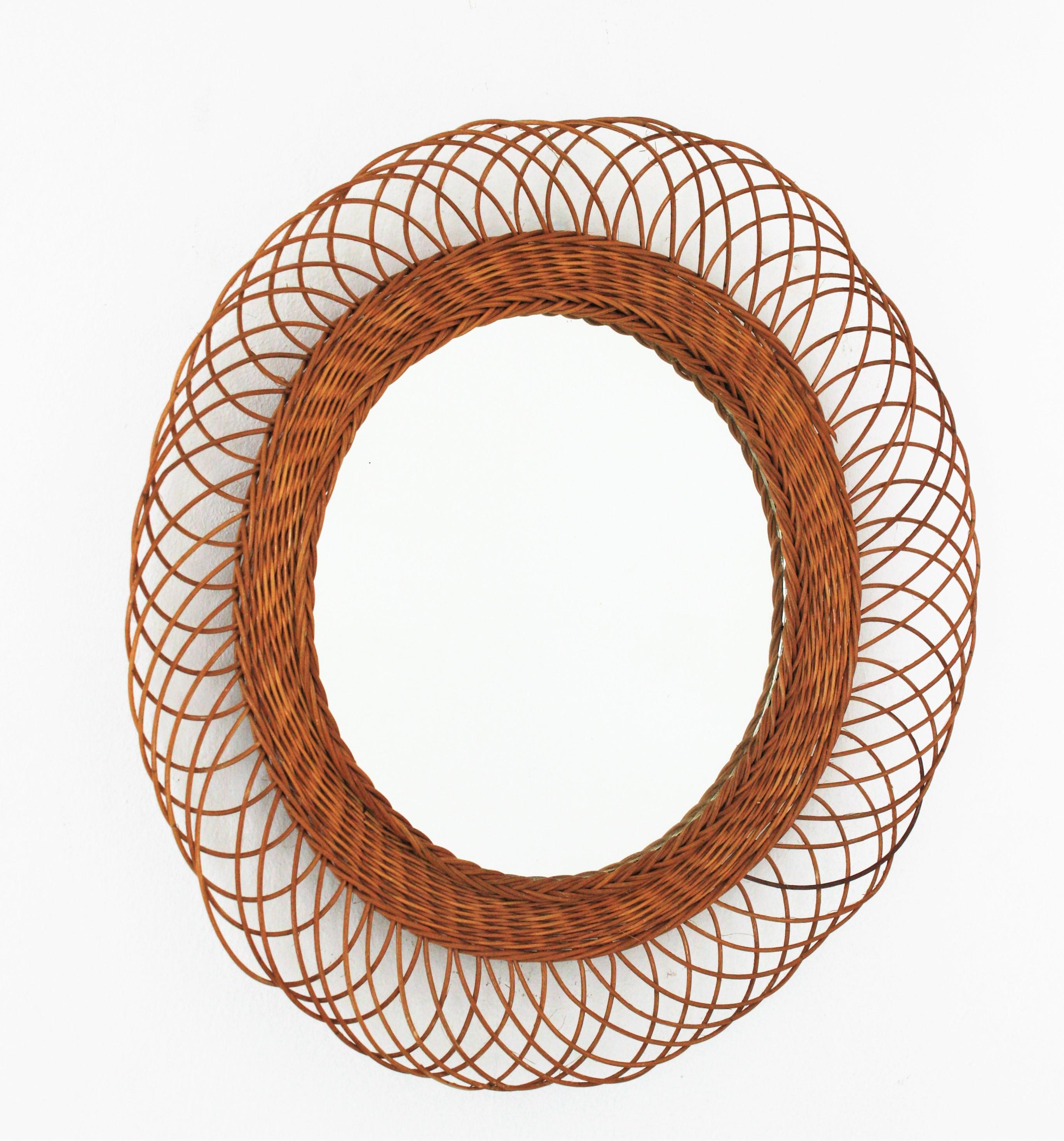 Mid-Century Modern Rattan Artisan Woven Midcentury Sunburst Mirror, France, 1960s