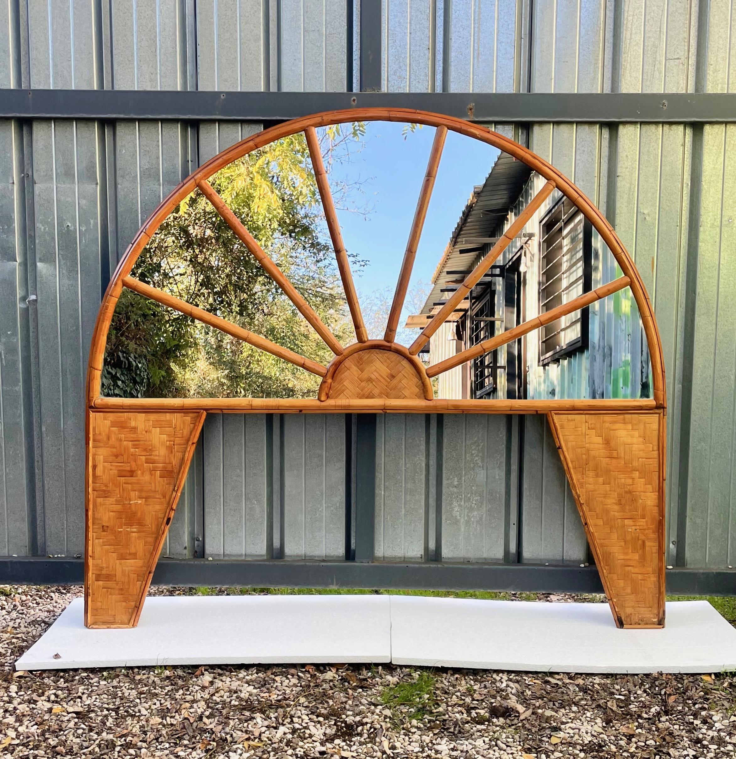 Italian Rattan, Bamboo and Mirror Arched Headboard, Italy, 1960s  For Sale