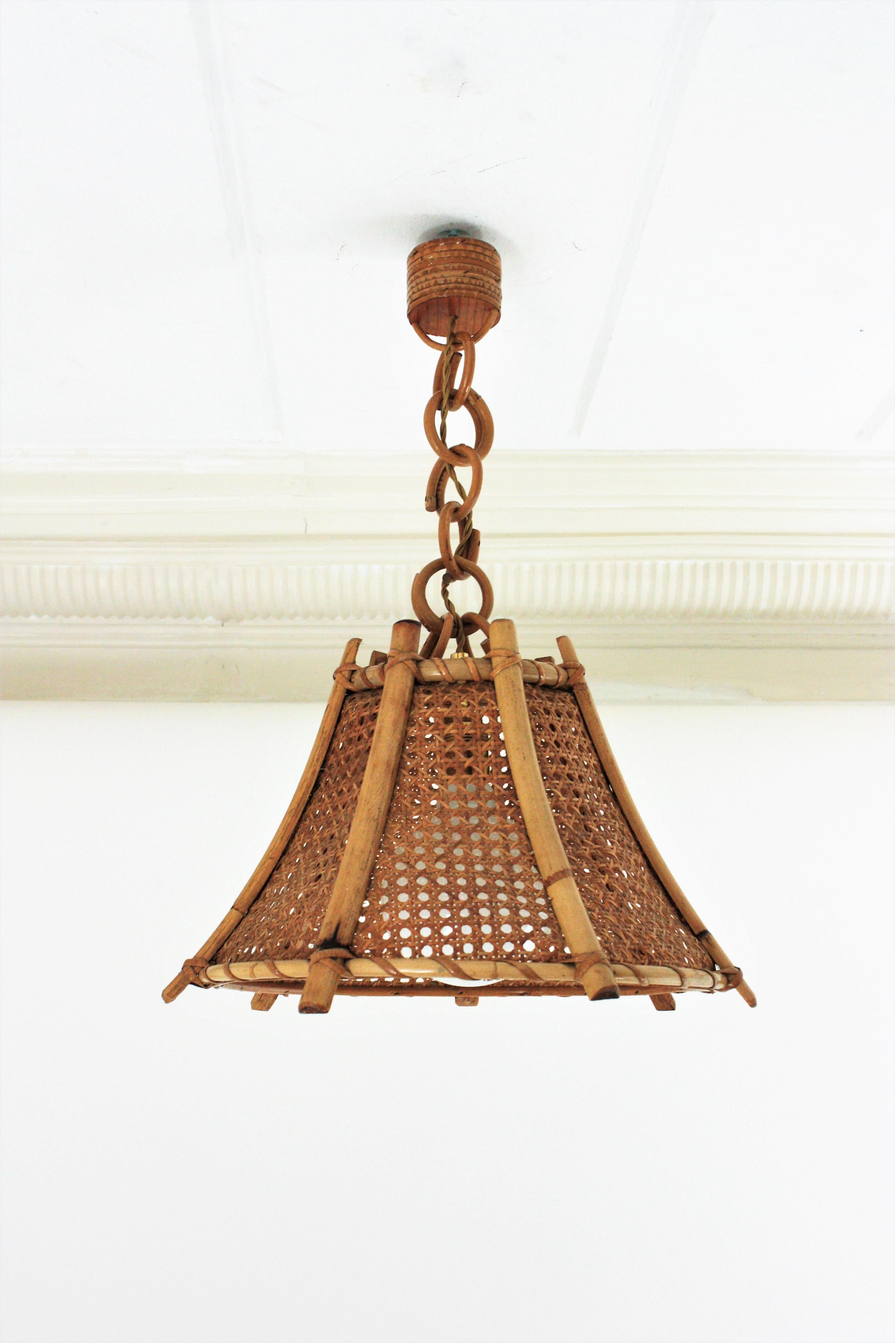 20th Century Rattan Bamboo and Wicker Pagoda Pendant or Hanging Light, 1960s