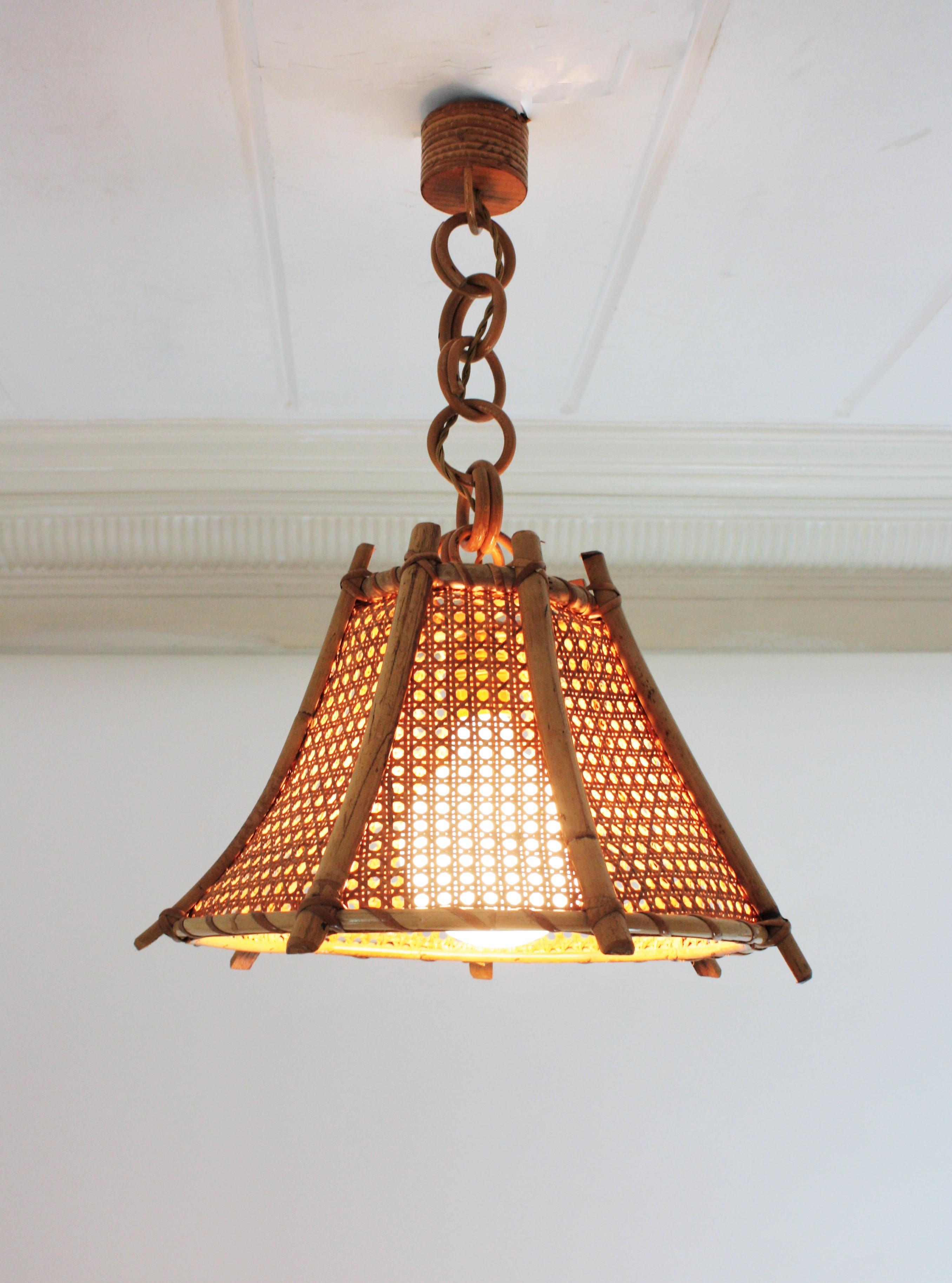 Rattan Bamboo and Wicker Pagoda Pendant or Hanging Light, 1960s 1