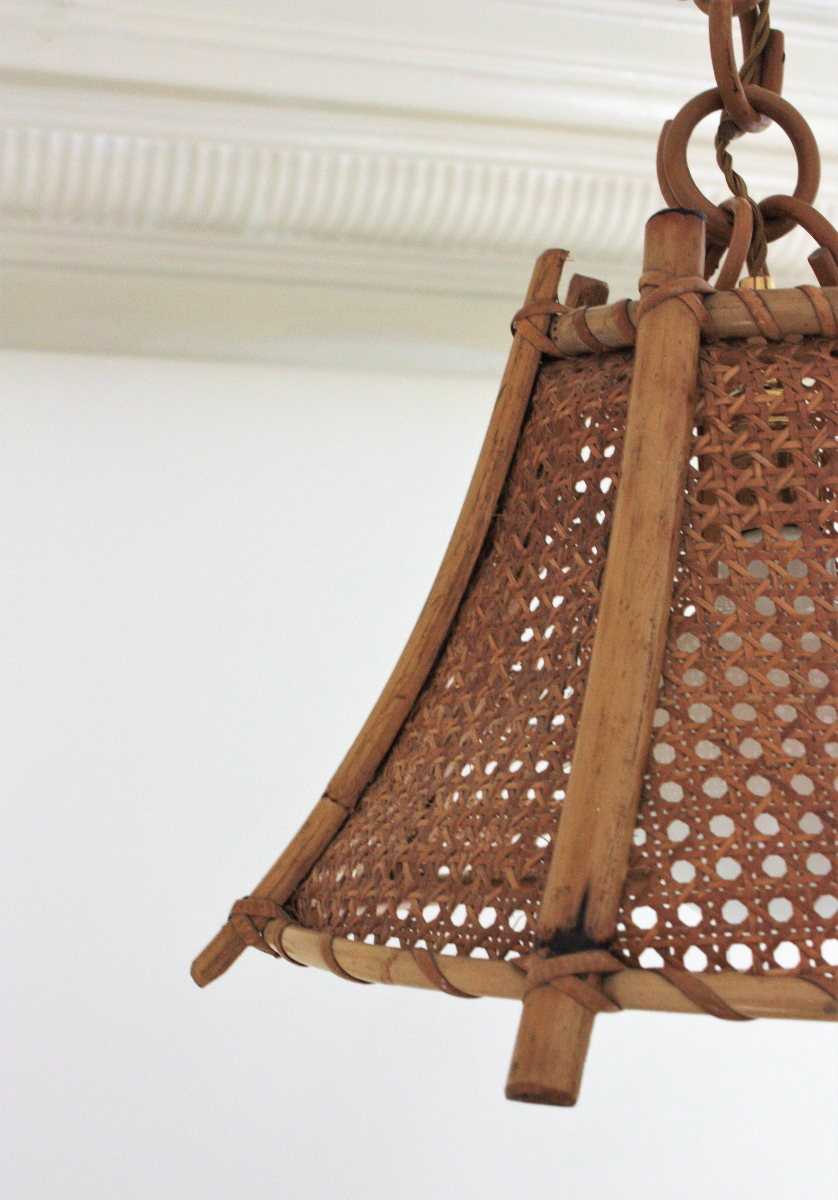 Rattan Bamboo and Wicker Pagoda Pendant or Hanging Light, 1960s 4