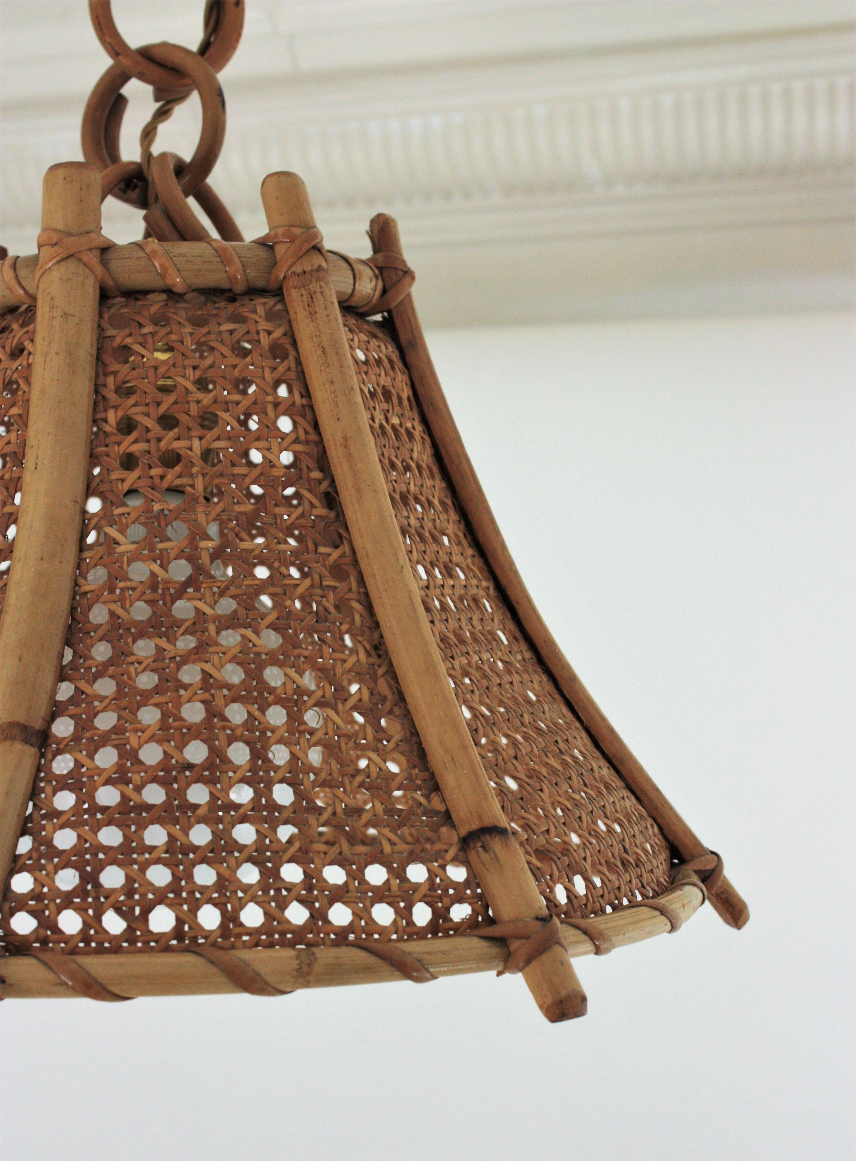 Rattan Bamboo and Wicker Pagoda Pendant or Hanging Light, 1960s 5
