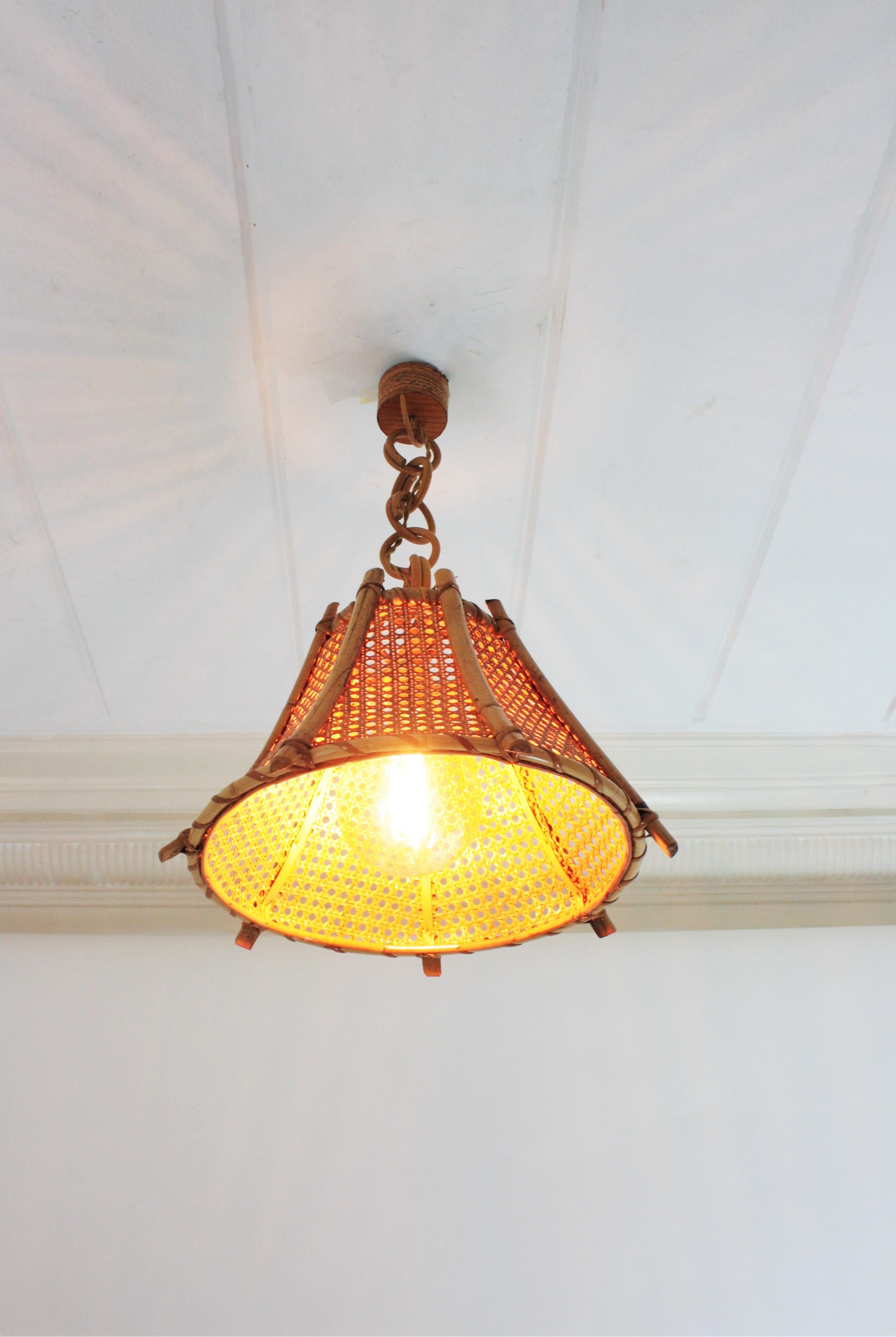 Rattan Bamboo and Wicker Pagoda Pendant or Hanging Light, 1960s 6