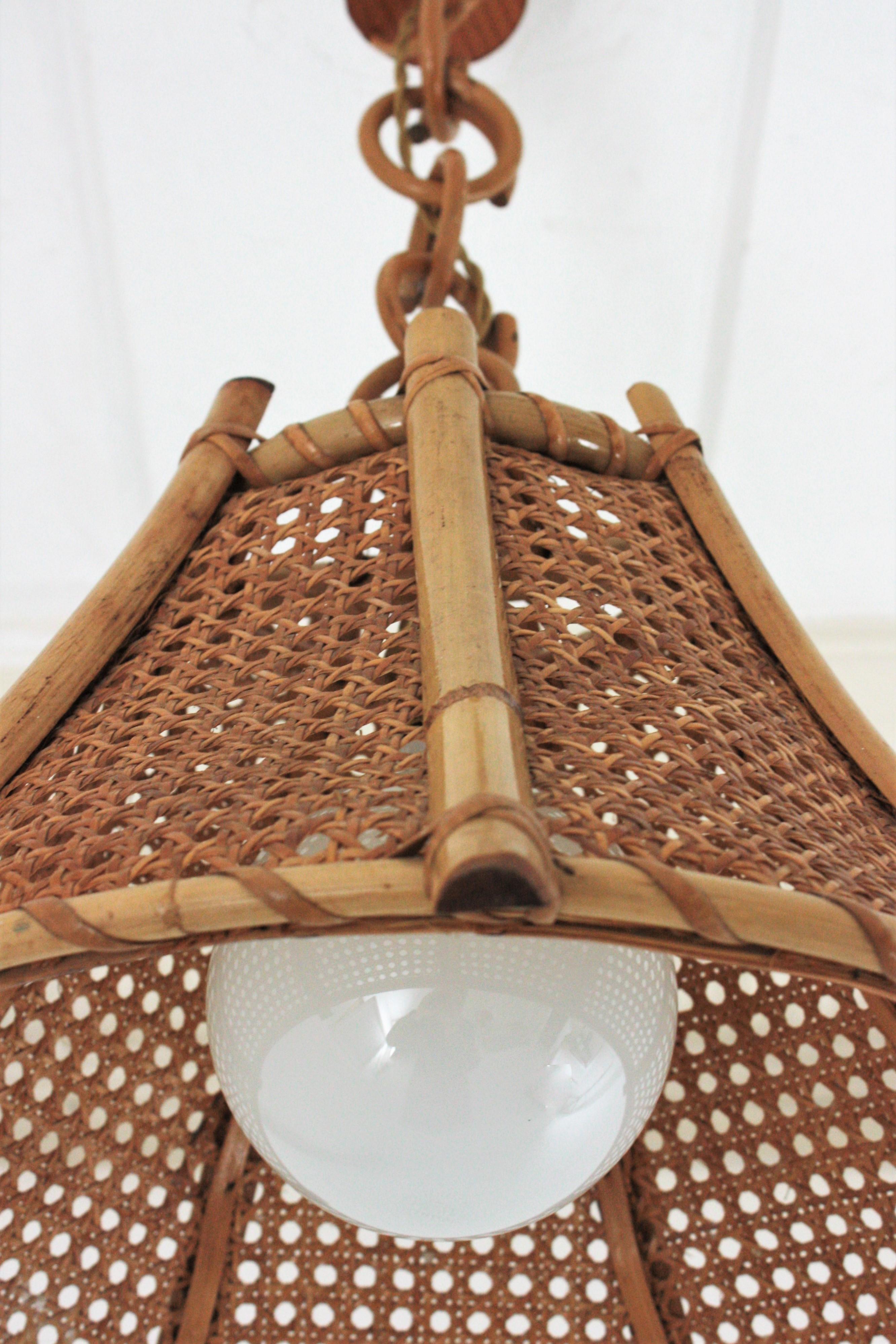 Rattan Bamboo and Wicker Pagoda Pendant or Hanging Light, 1960s 7