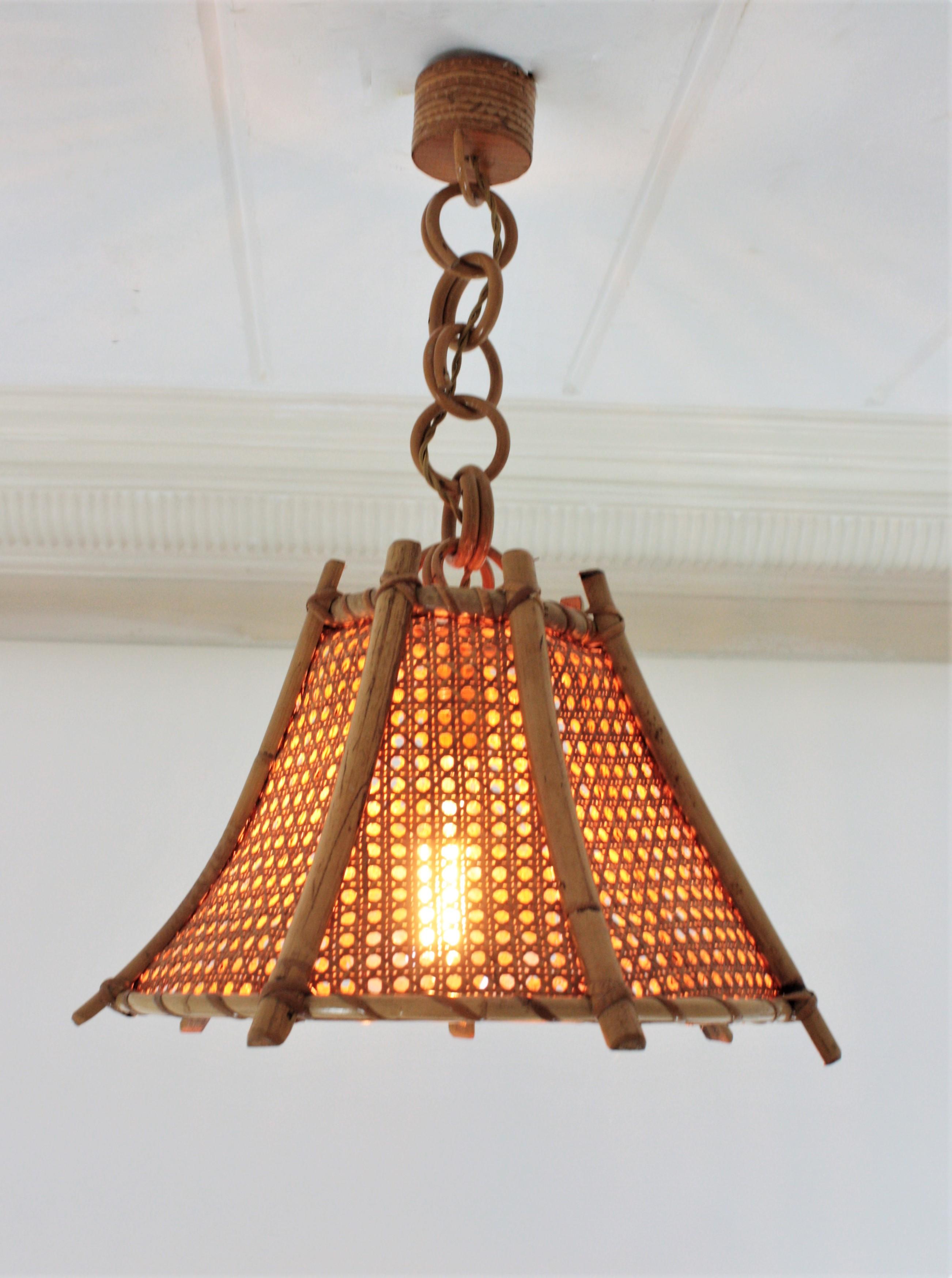 Rattan Bamboo and Wicker Pagoda Pendant or Hanging Light, 1960s 9