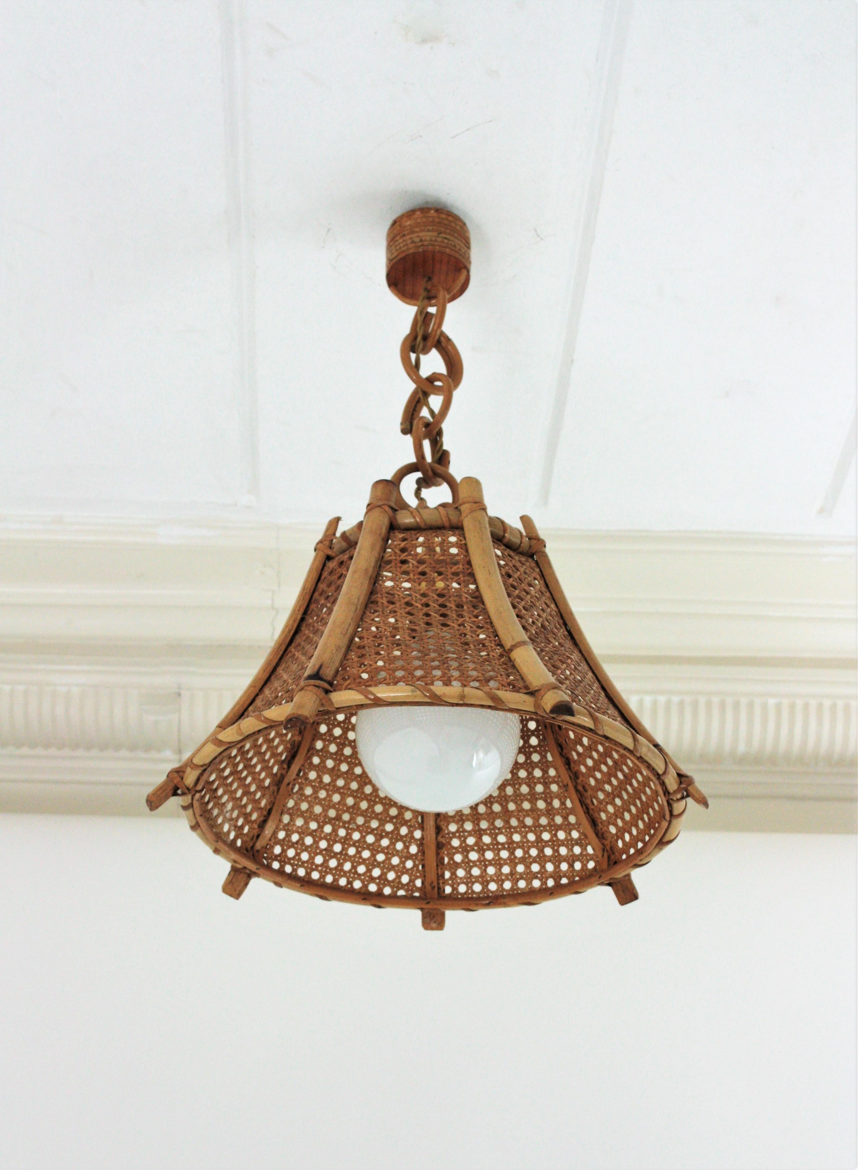 Mid-Century Modern Rattan Bamboo and Wicker Pagoda Pendant or Hanging Light, 1960s