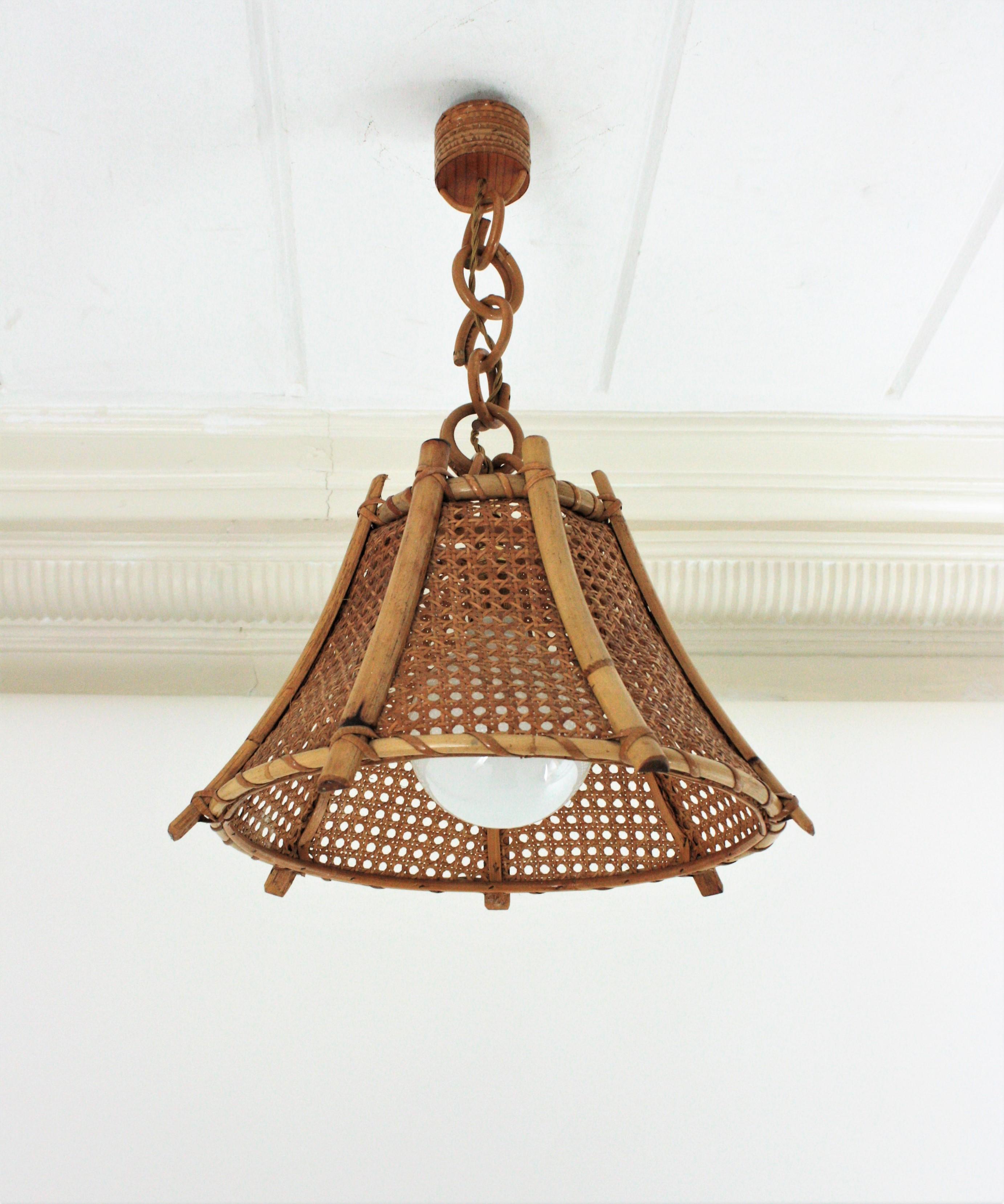 French Rattan Bamboo and Wicker Pagoda Pendant or Hanging Light, 1960s
