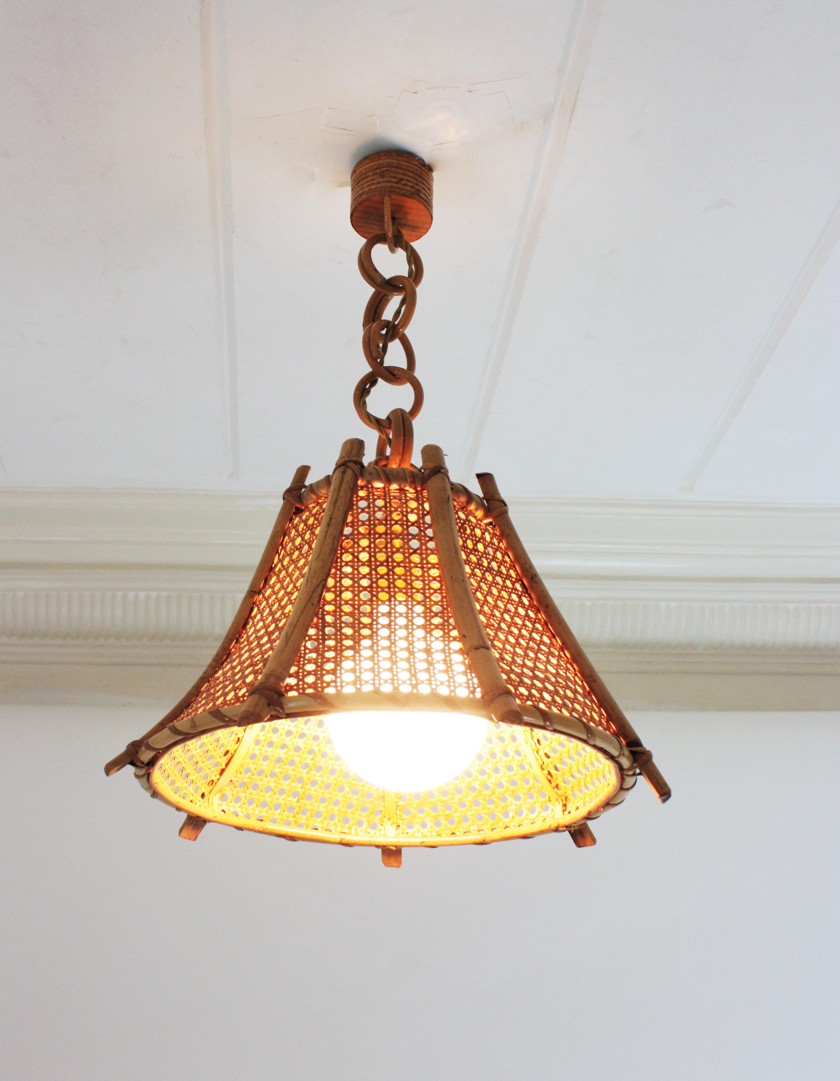 Hand-Crafted Rattan Bamboo and Wicker Pagoda Pendant or Hanging Light, 1960s