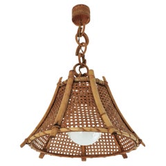 Lampe à suspension ou plafonnier pagode en rotin, bambou et osier, années 1960