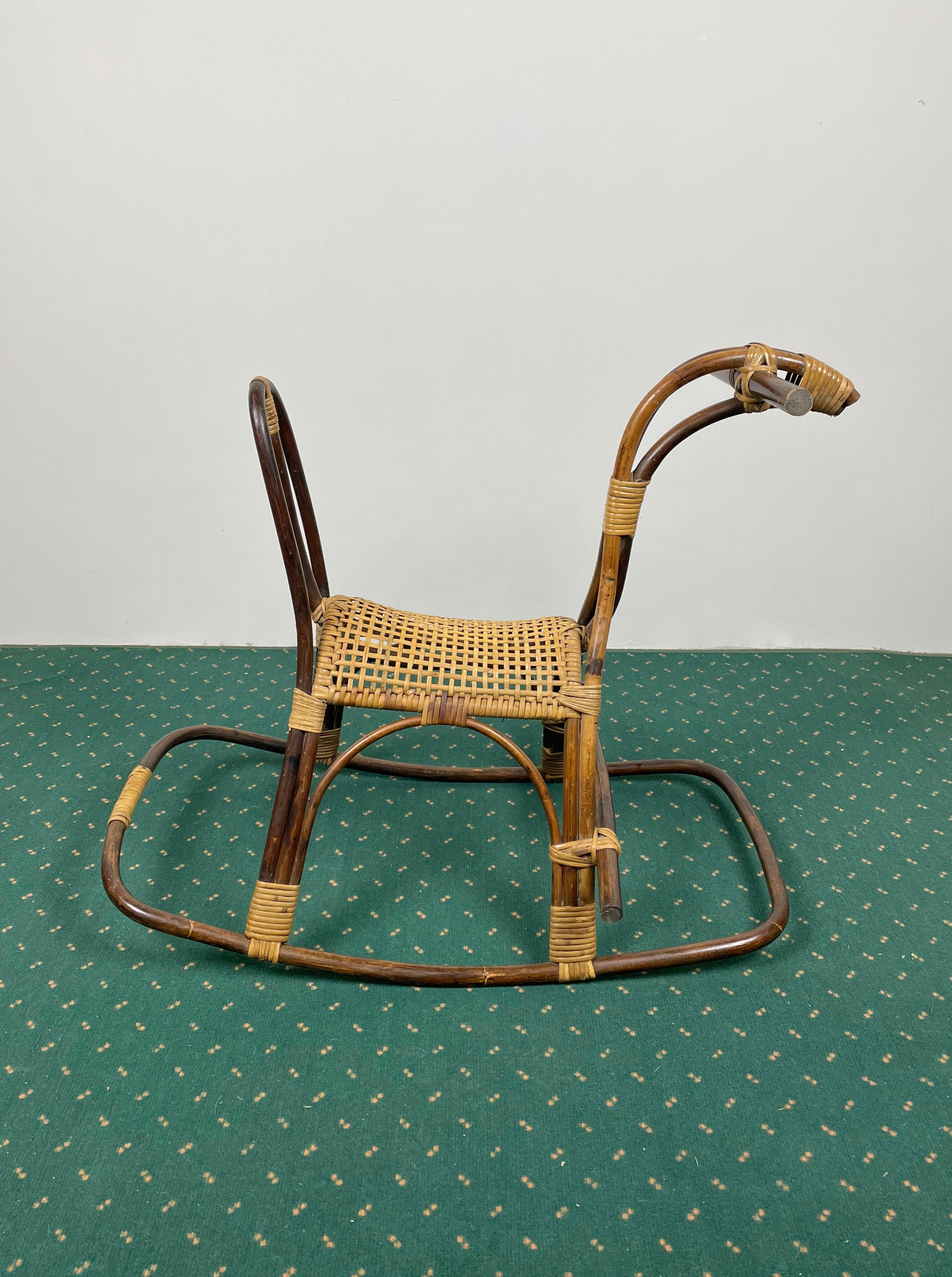 Mid-Century Modern Rattan Bamboo and Wicker Rocking Horse Child's Toy, Italy, 1960 For Sale