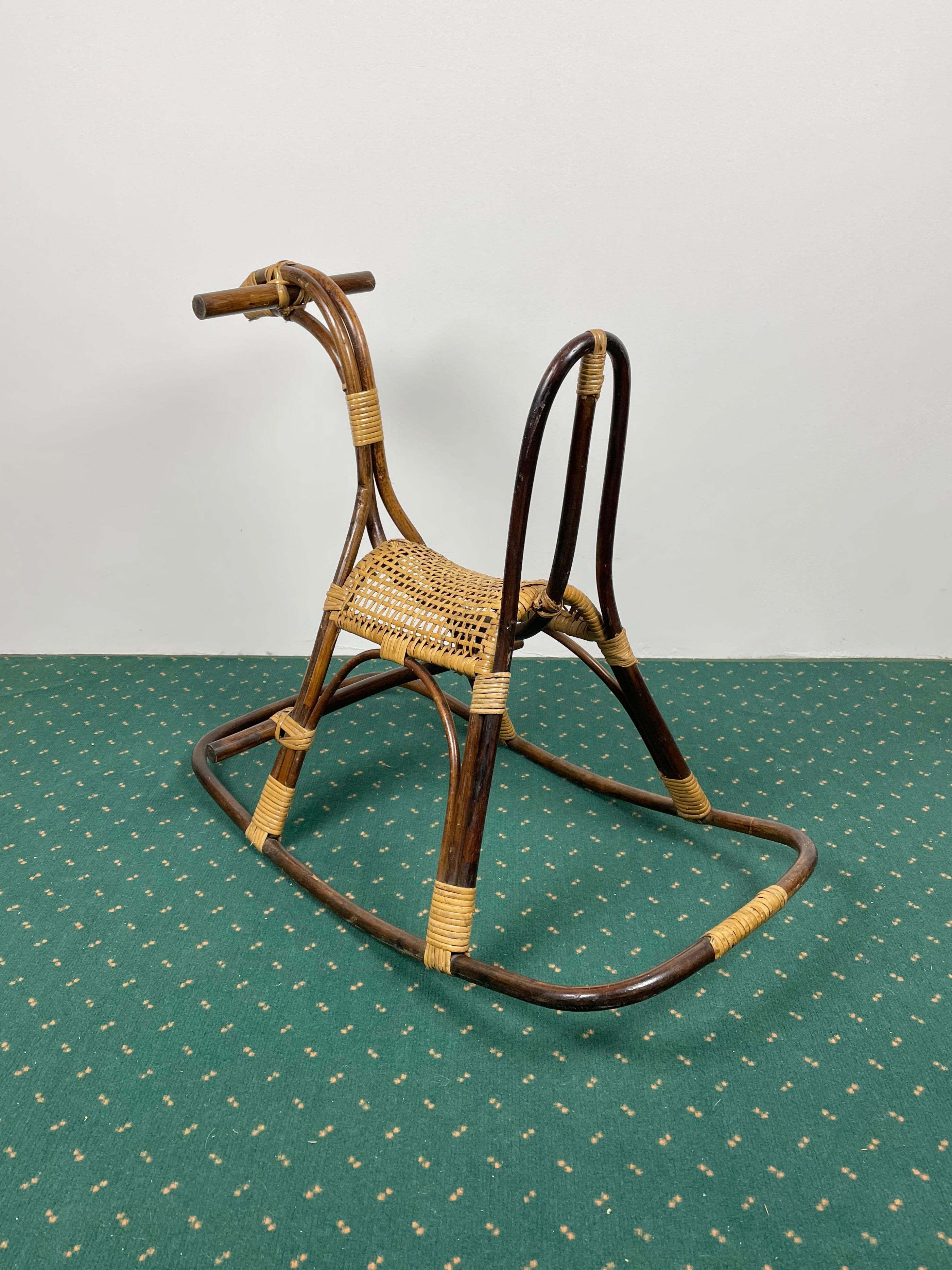 Italian Rattan Bamboo and Wicker Rocking Horse Child's Toy, Italy, 1960 For Sale