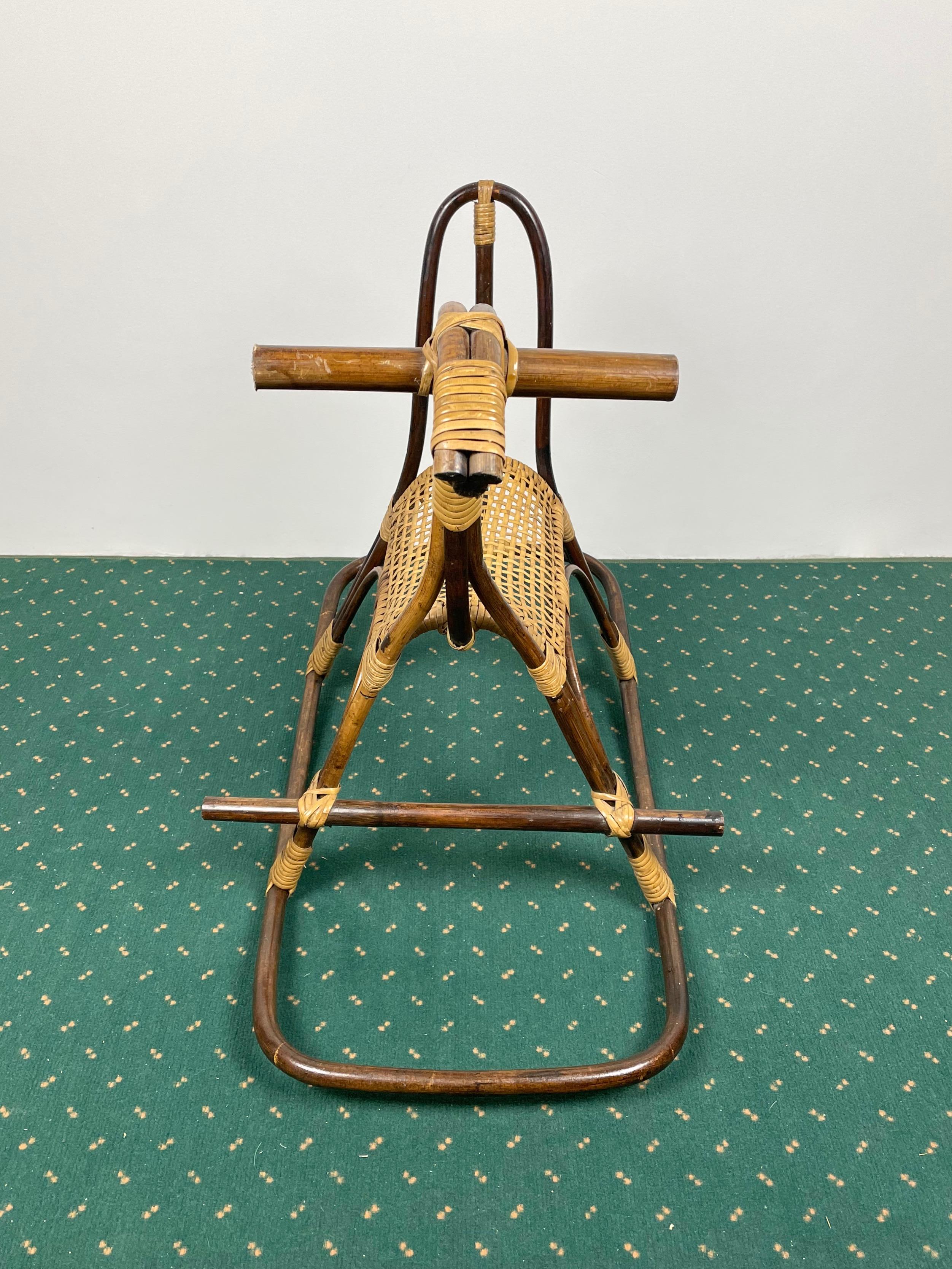 Rattan Bamboo and Wicker Rocking Horse Child's Toy, Italy, 1960 In Good Condition For Sale In Rome, IT