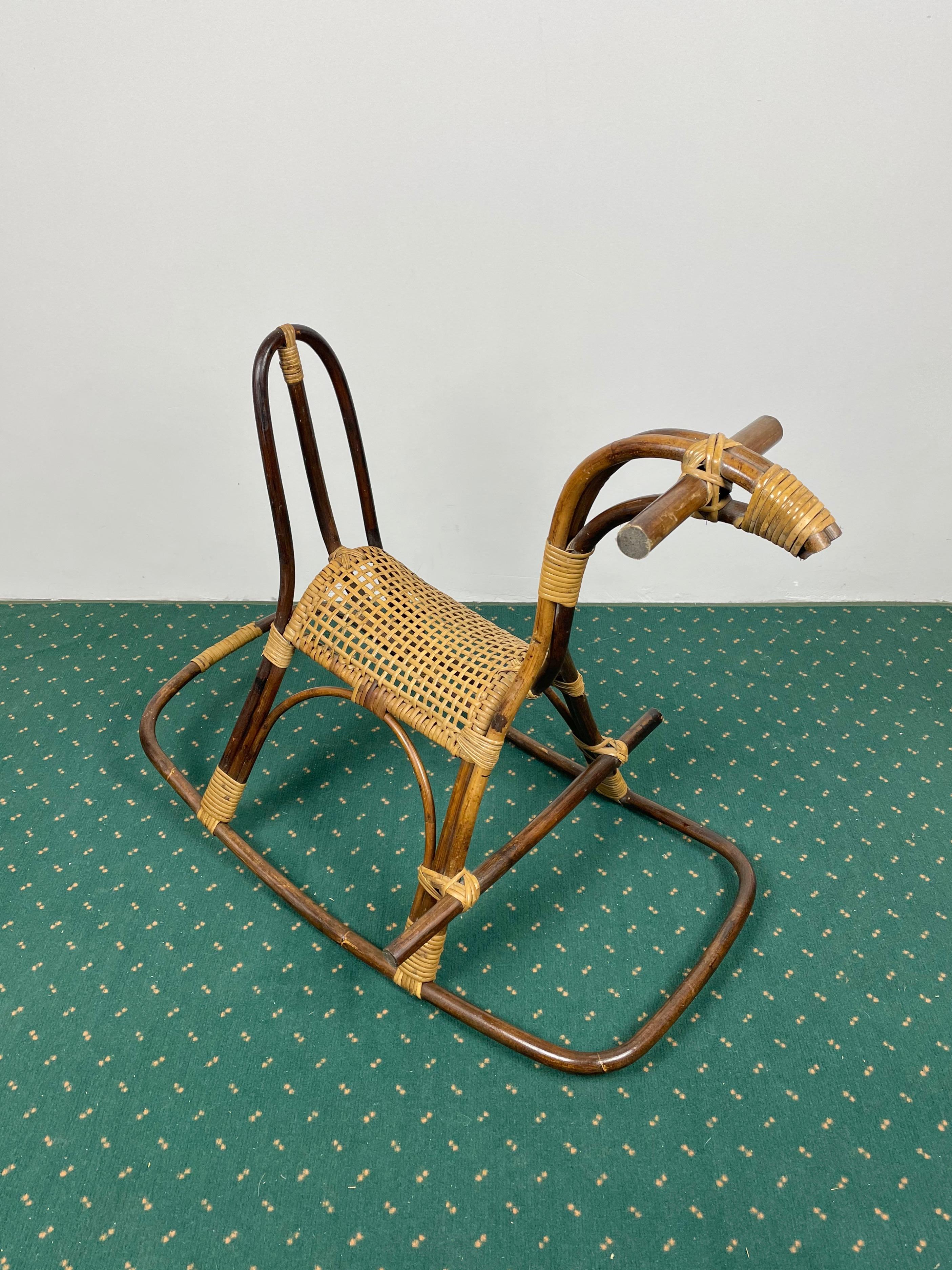 Mid-20th Century Rattan Bamboo and Wicker Rocking Horse Child's Toy, Italy, 1960 For Sale