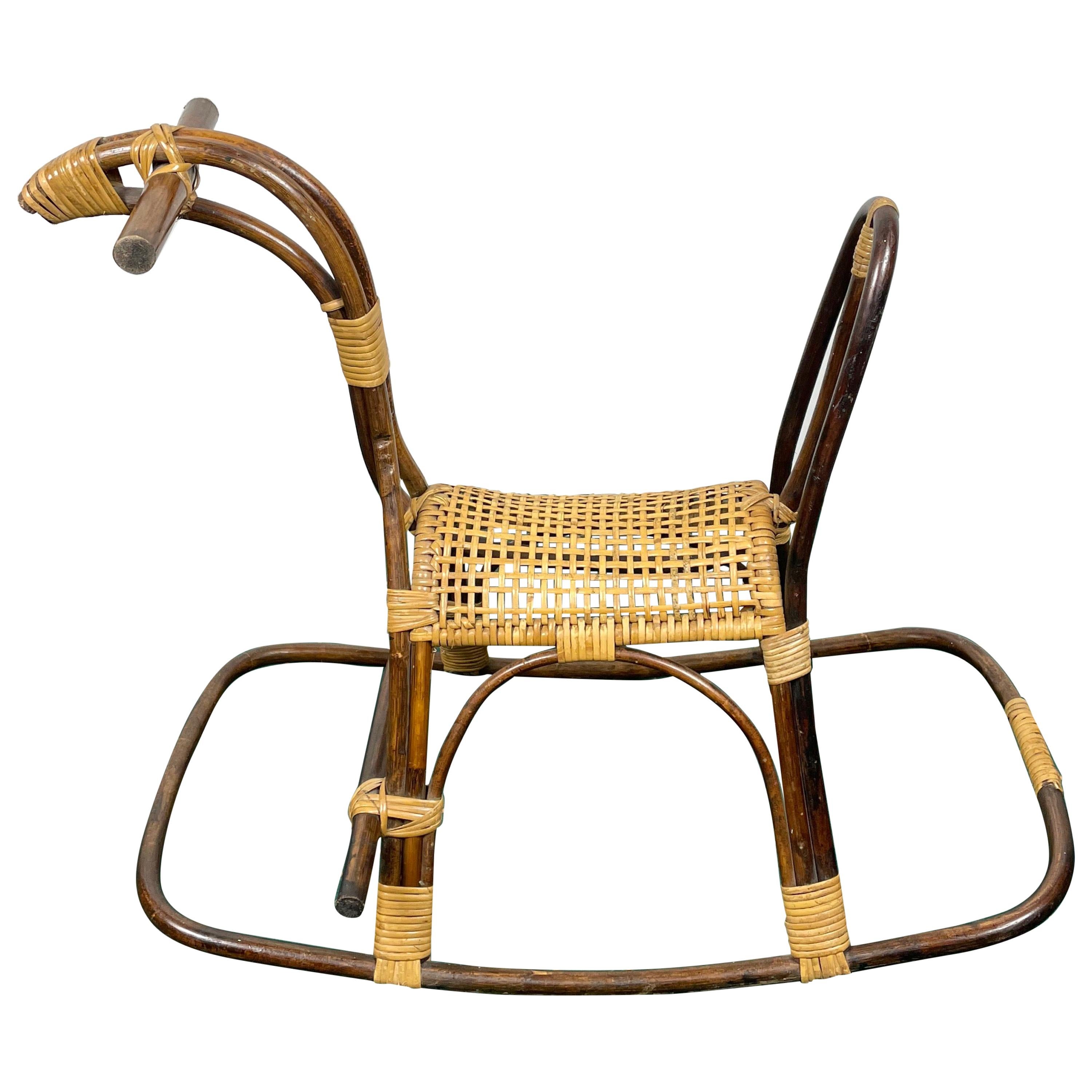 Rattan Bamboo and Wicker Rocking Horse Child's Toy, Italy, 1960