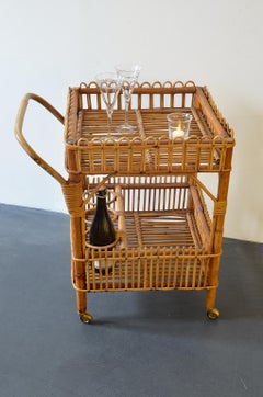 Rattan Bamboo Bar Cart, Serving Trolley, 1960s