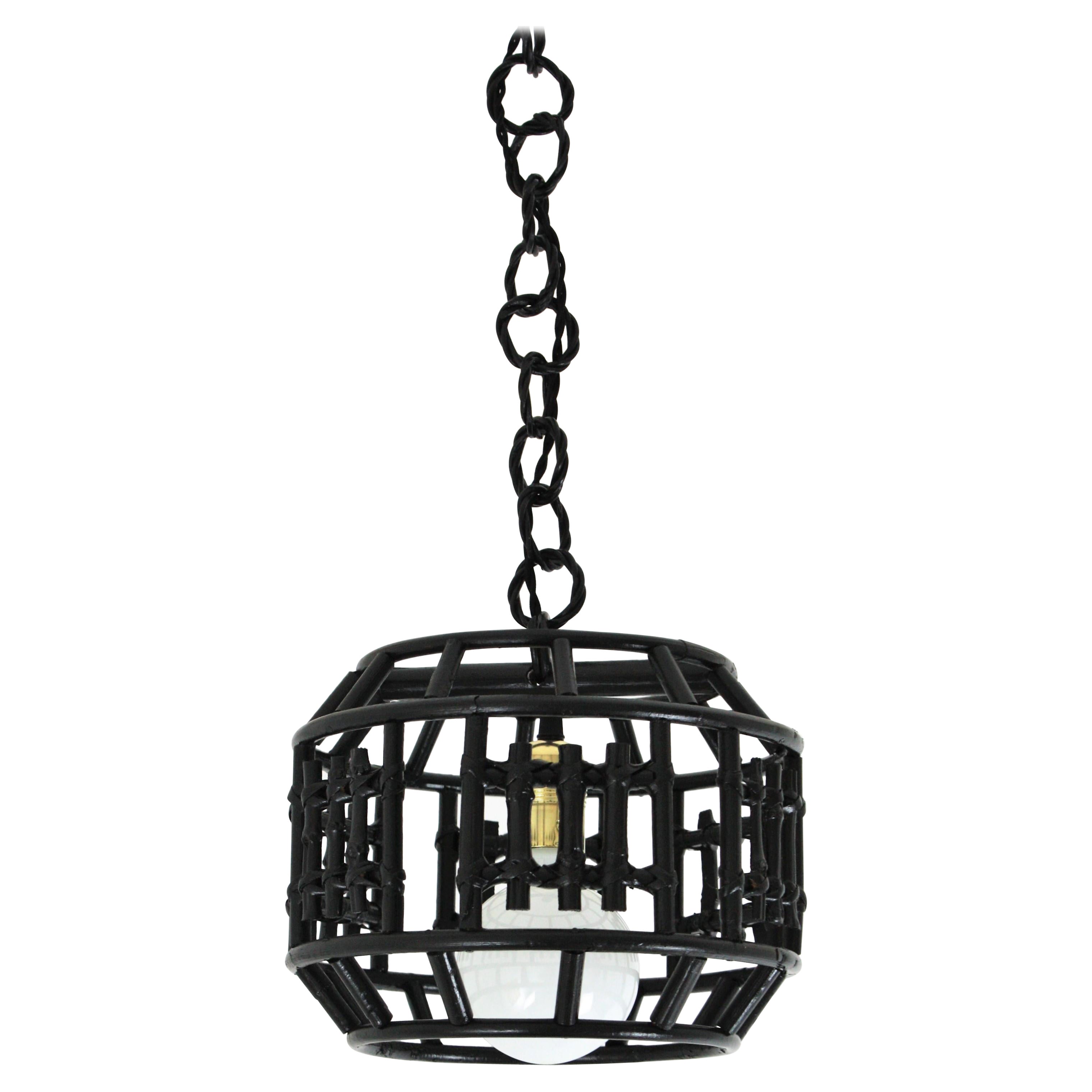 Rattan Bamboo Black Painted Pendant Hanging Light / Lantern