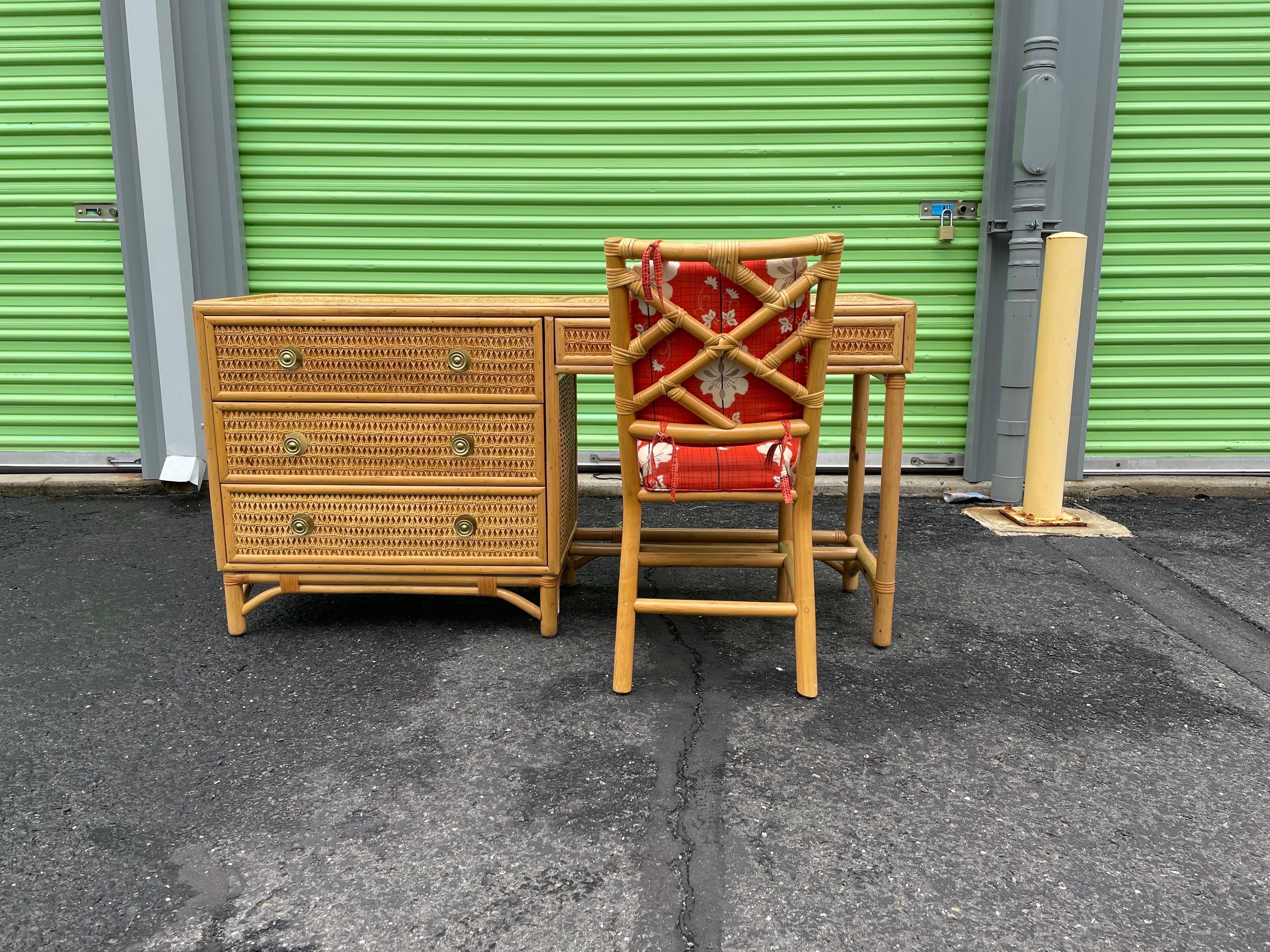 Mid-Century Modern Rattan Bamboo & Cane Desk or Vanity with Chest of Drawers