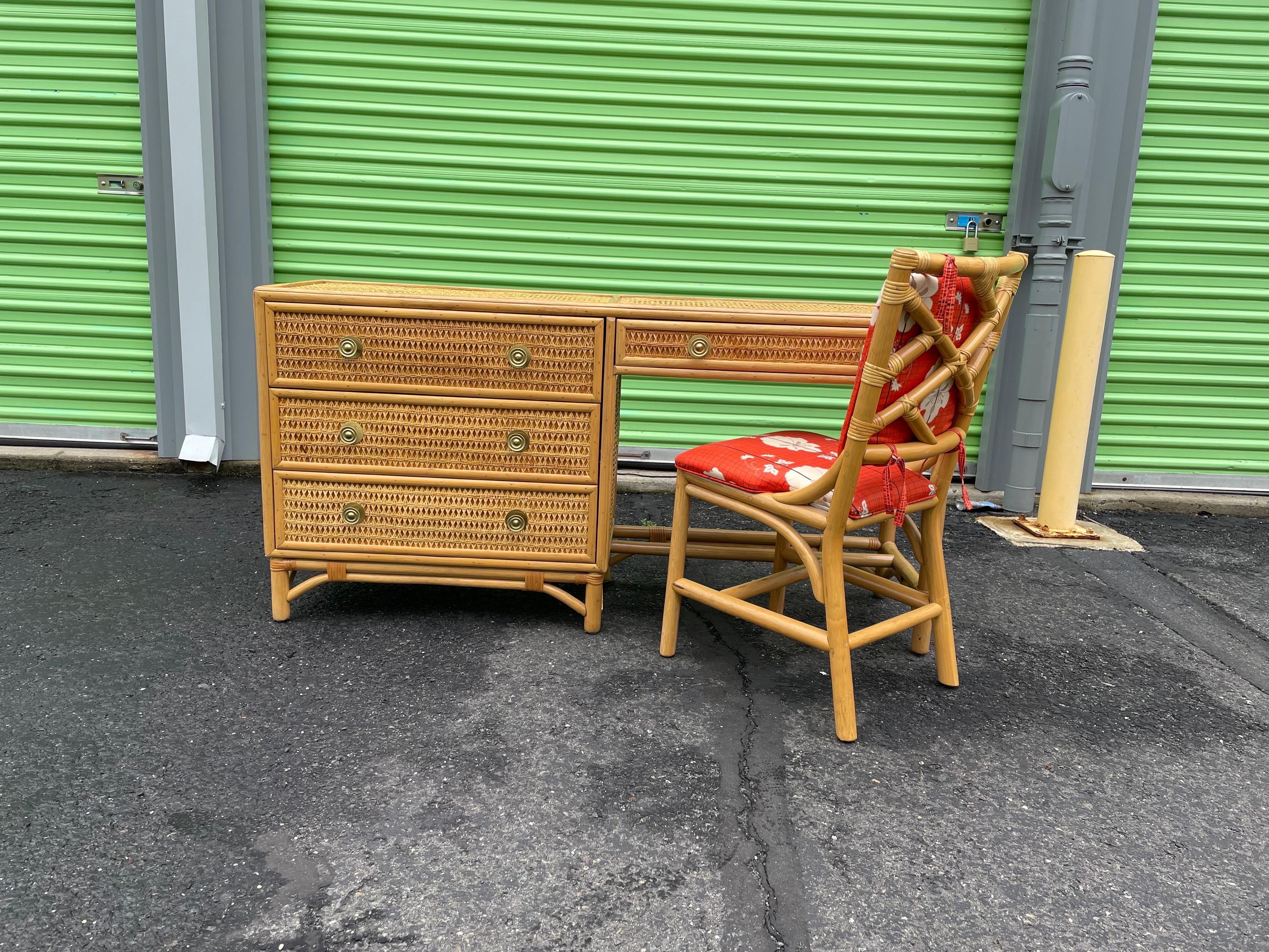 Rattan Bamboo & Cane Desk or Vanity with Chest of Drawers In Good Condition In W Allenhurst, NJ