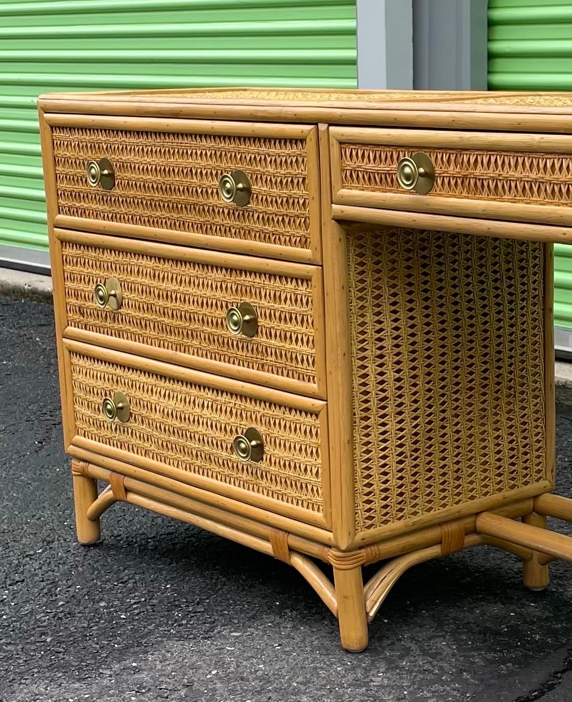 20th Century Rattan Bamboo & Cane Desk or Vanity with Chest of Drawers