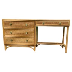 Rattan Bamboo & Cane Desk or Vanity with Chest of Drawers