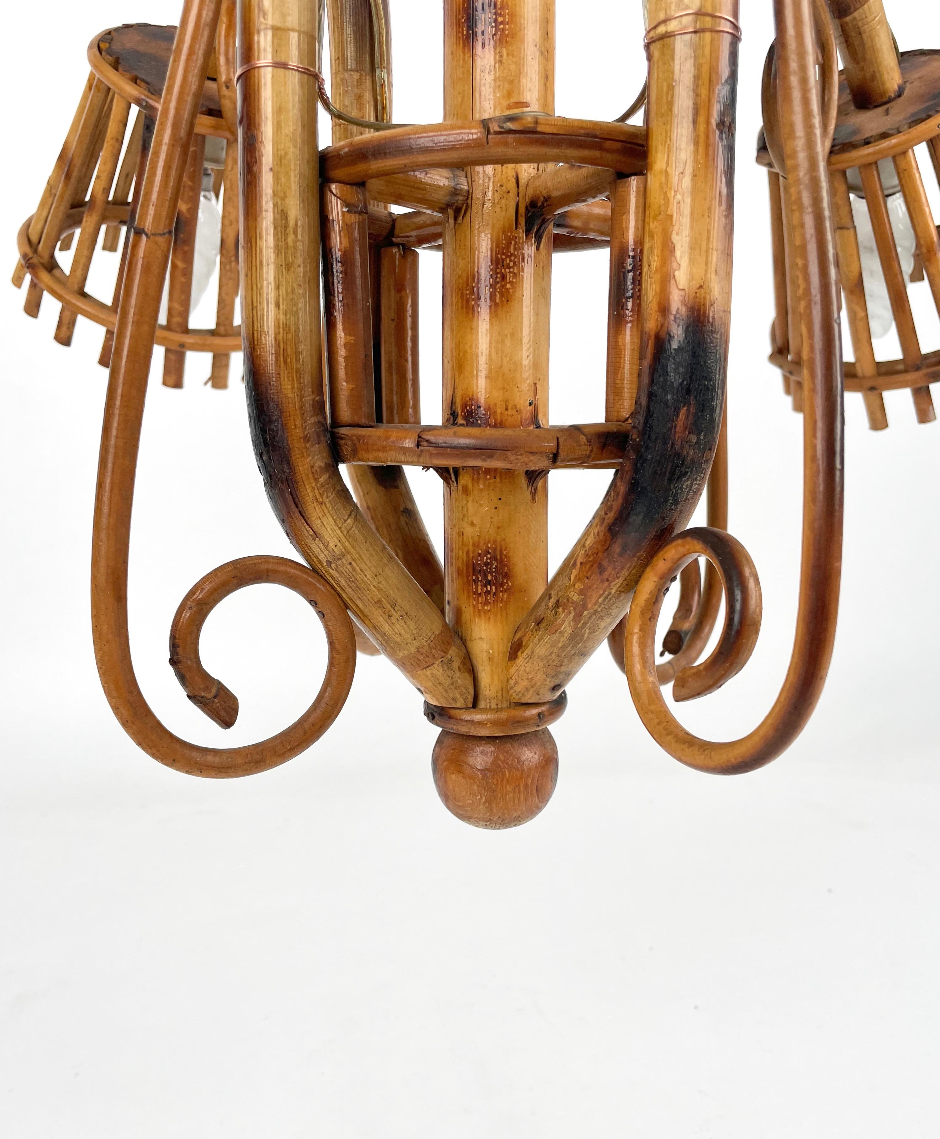 Rattan & Bamboo Chandelier Louis Sognot Style Italy 1960s 2