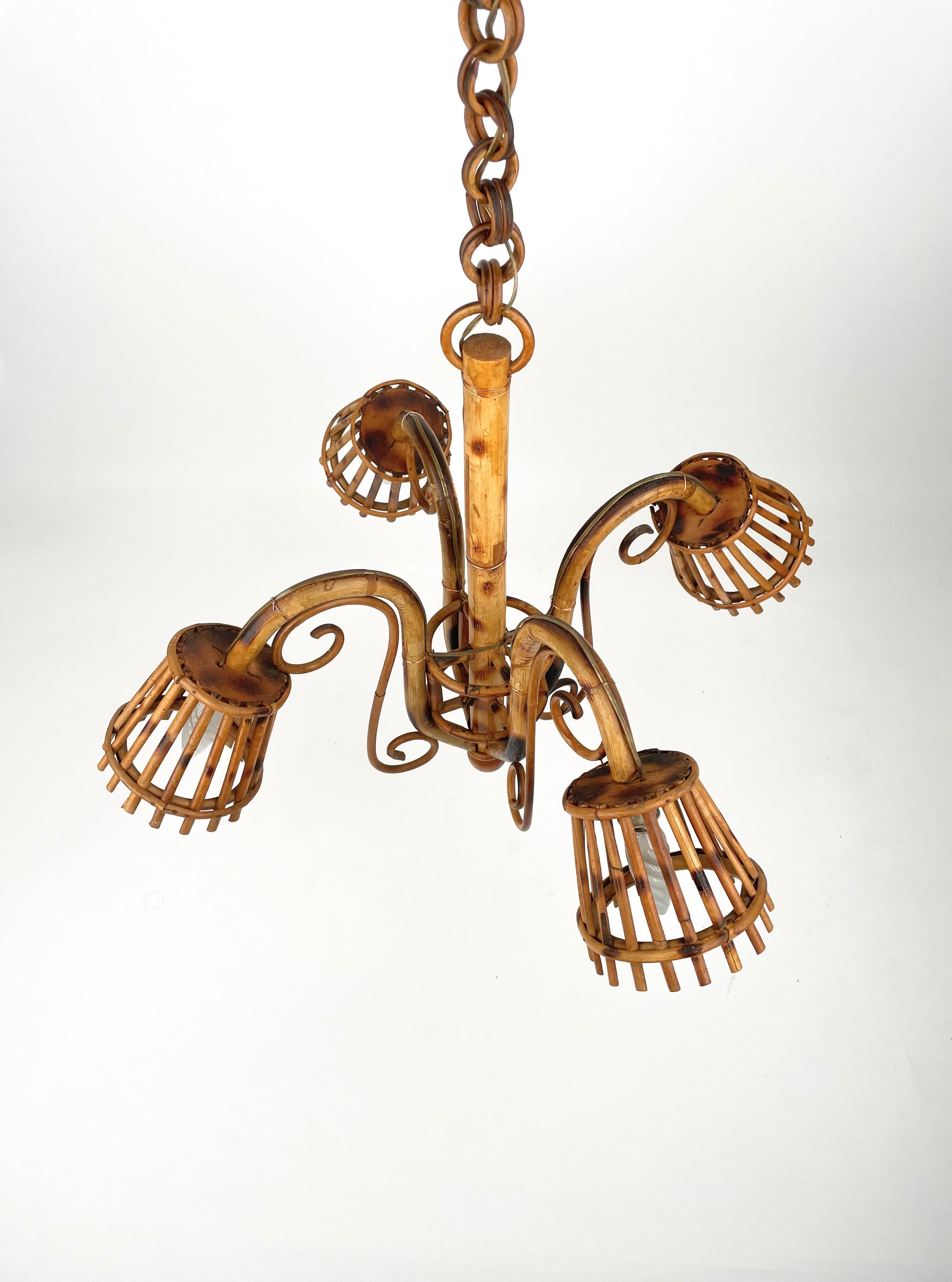 Italian Rattan & Bamboo Chandelier Louis Sognot Style Italy 1960s