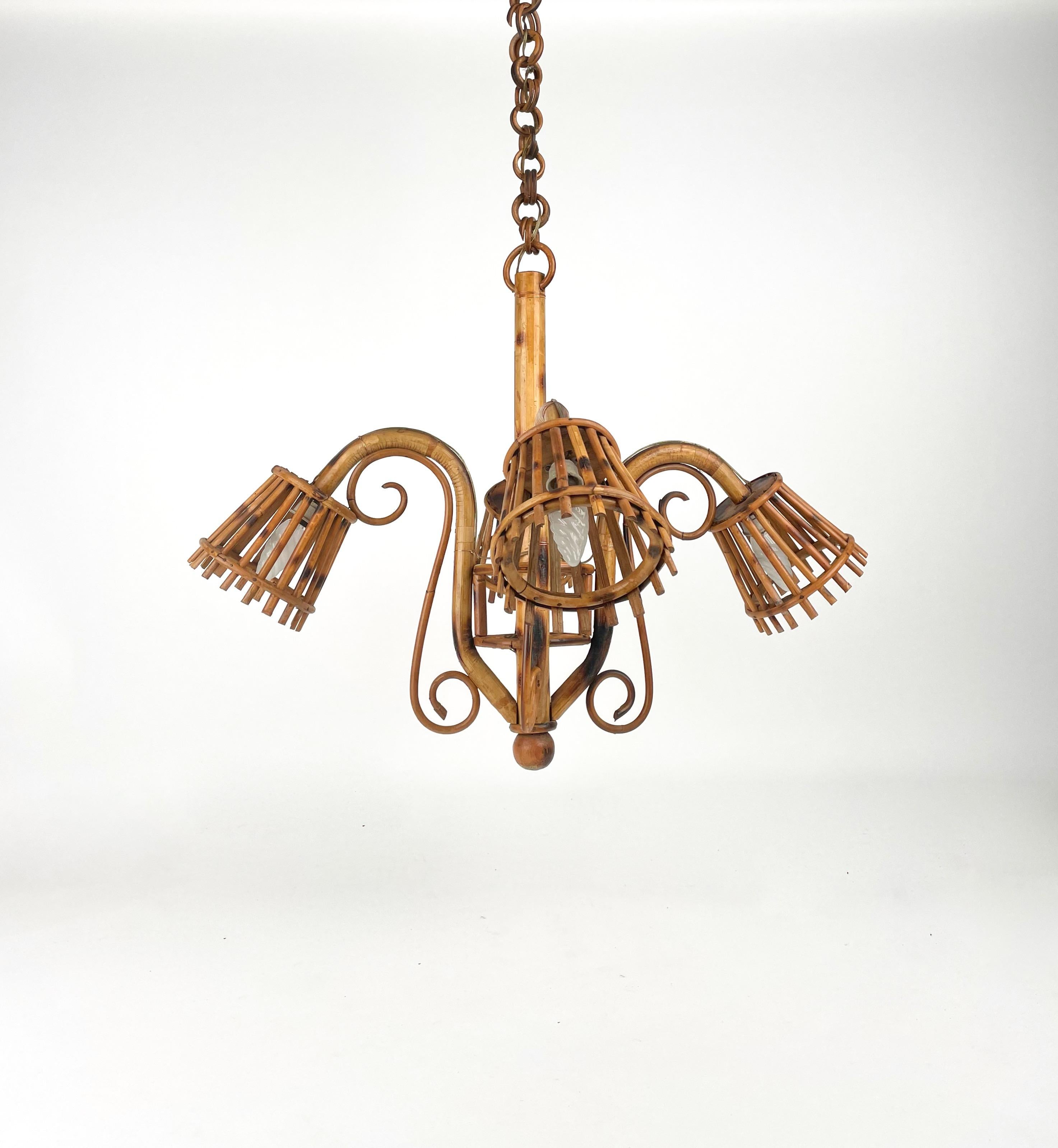 Rattan & Bamboo Chandelier Louis Sognot Style Italy 1960s In Good Condition In Rome, IT