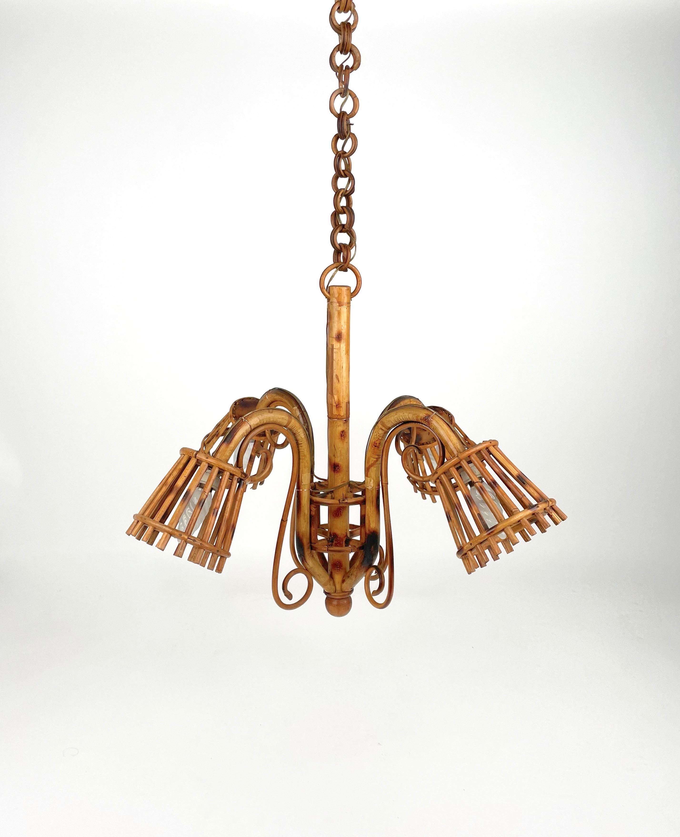 Mid-20th Century Rattan & Bamboo Chandelier Louis Sognot Style Italy 1960s