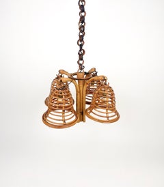 Rattan & Bamboo Chandelier Pendant Louis Sognot Style, Italy 1960s