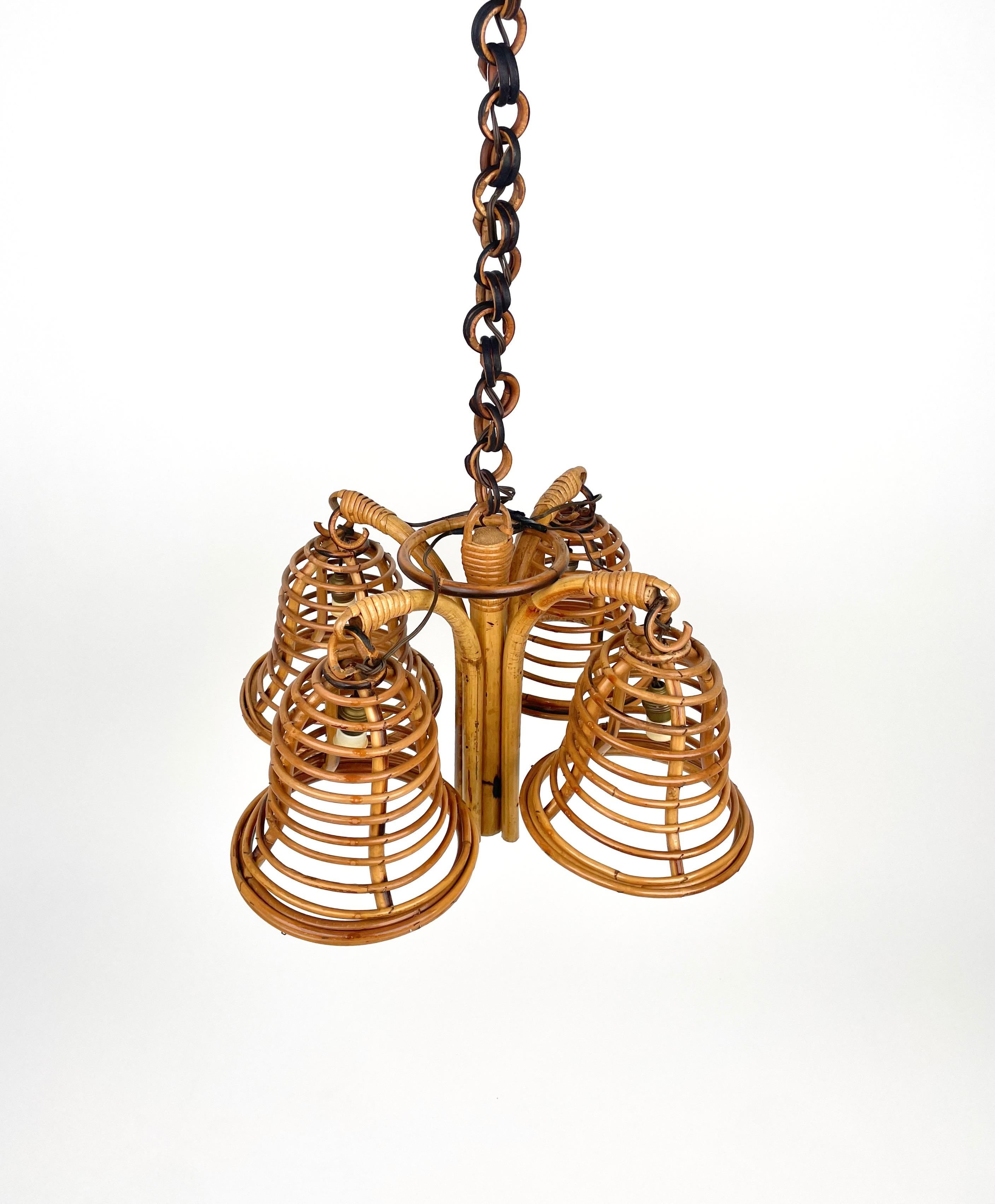Mid-Century Modern Rattan & Bamboo Chandelier Pendant Louis Sognot Style, Italy 1960s For Sale