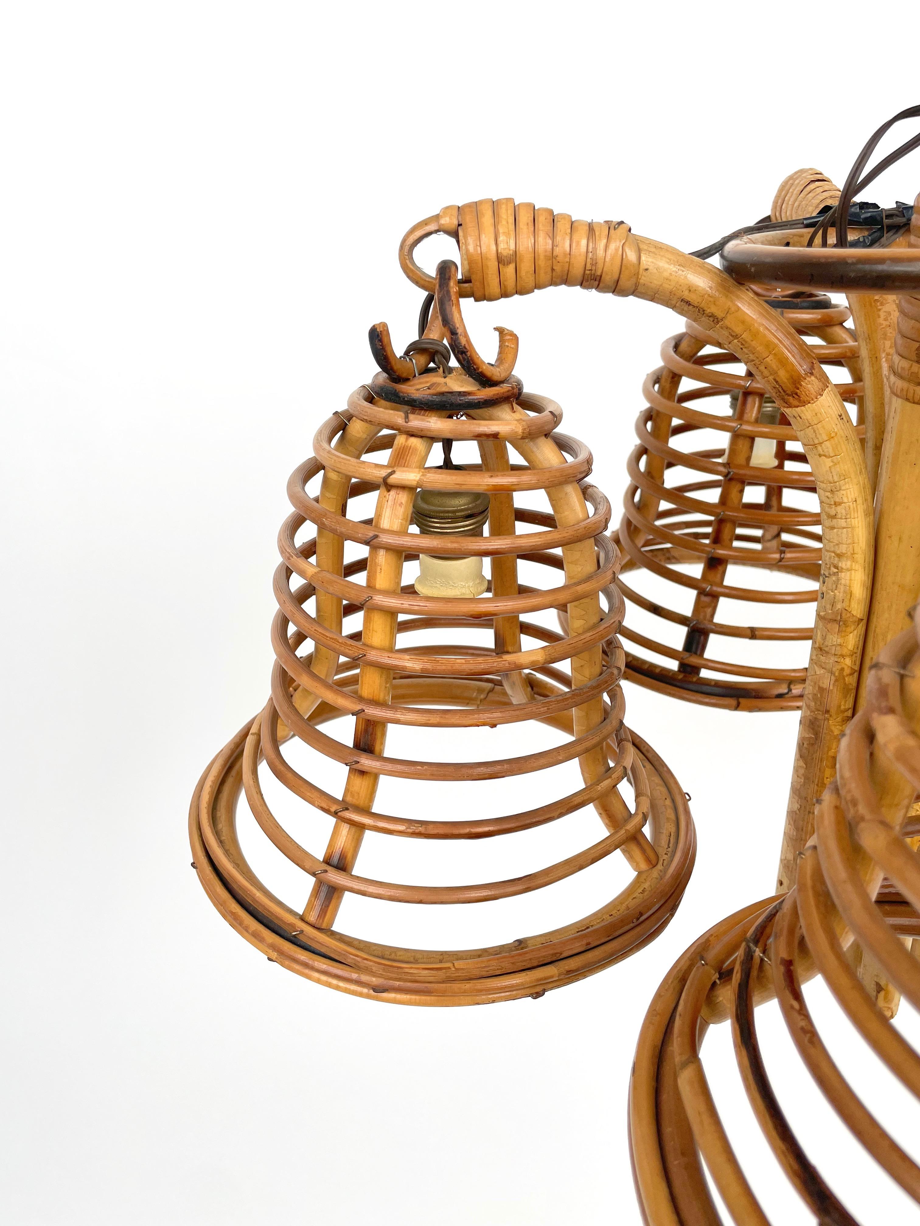 Mid-20th Century Rattan & Bamboo Chandelier Pendant Louis Sognot Style, Italy 1960s For Sale