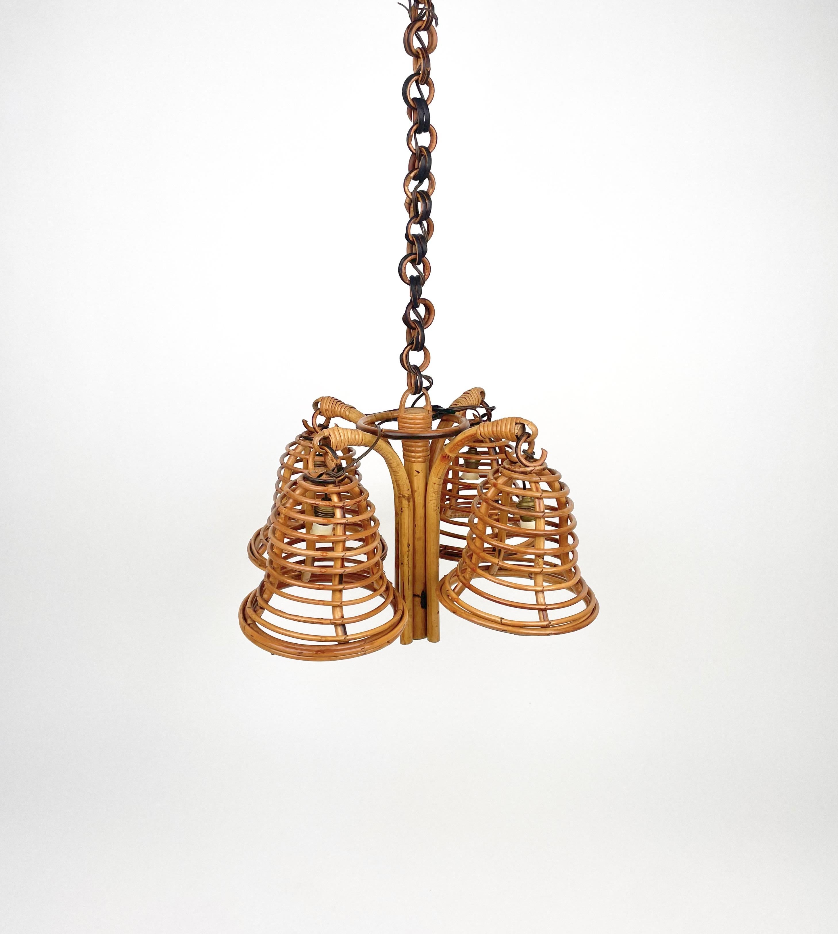 Rattan & Bamboo Chandelier Pendant Louis Sognot Style, Italy 1960s For Sale 1