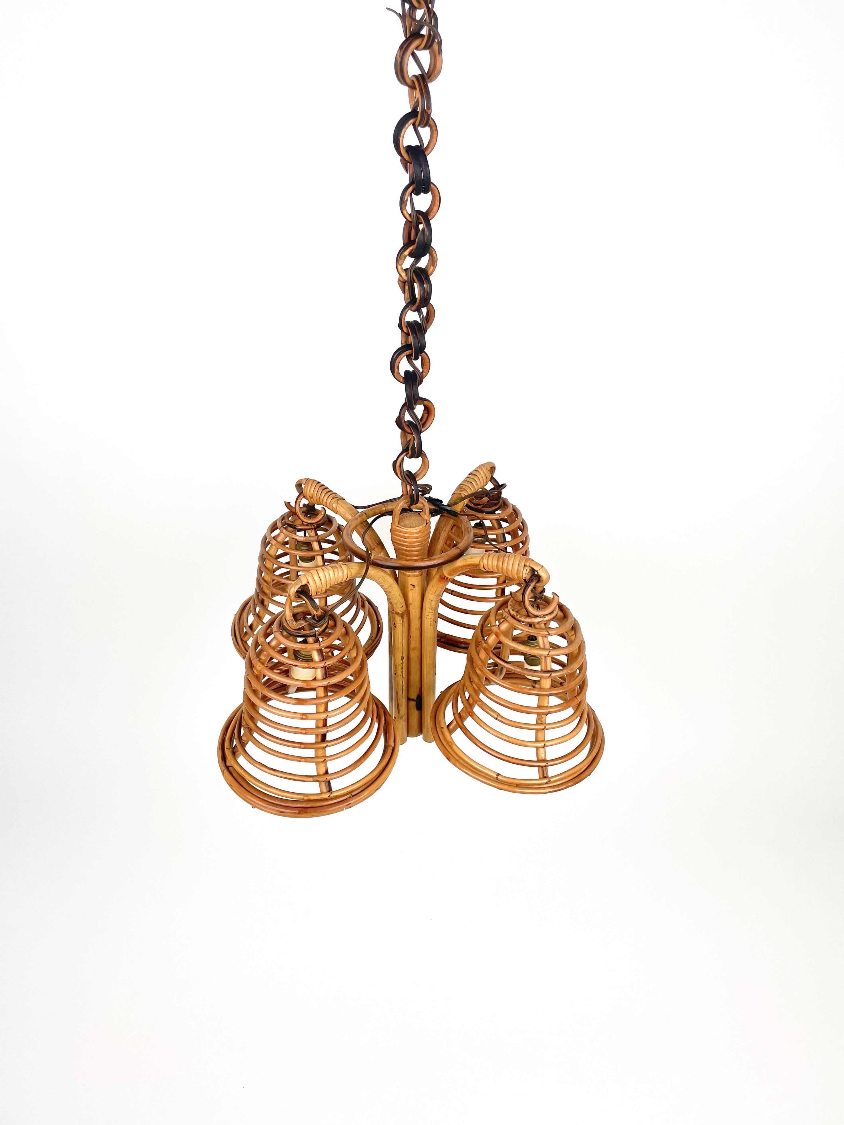 Rattan & Bamboo Chandelier Pendant Louis Sognot Style, Italy 1960s For Sale 3