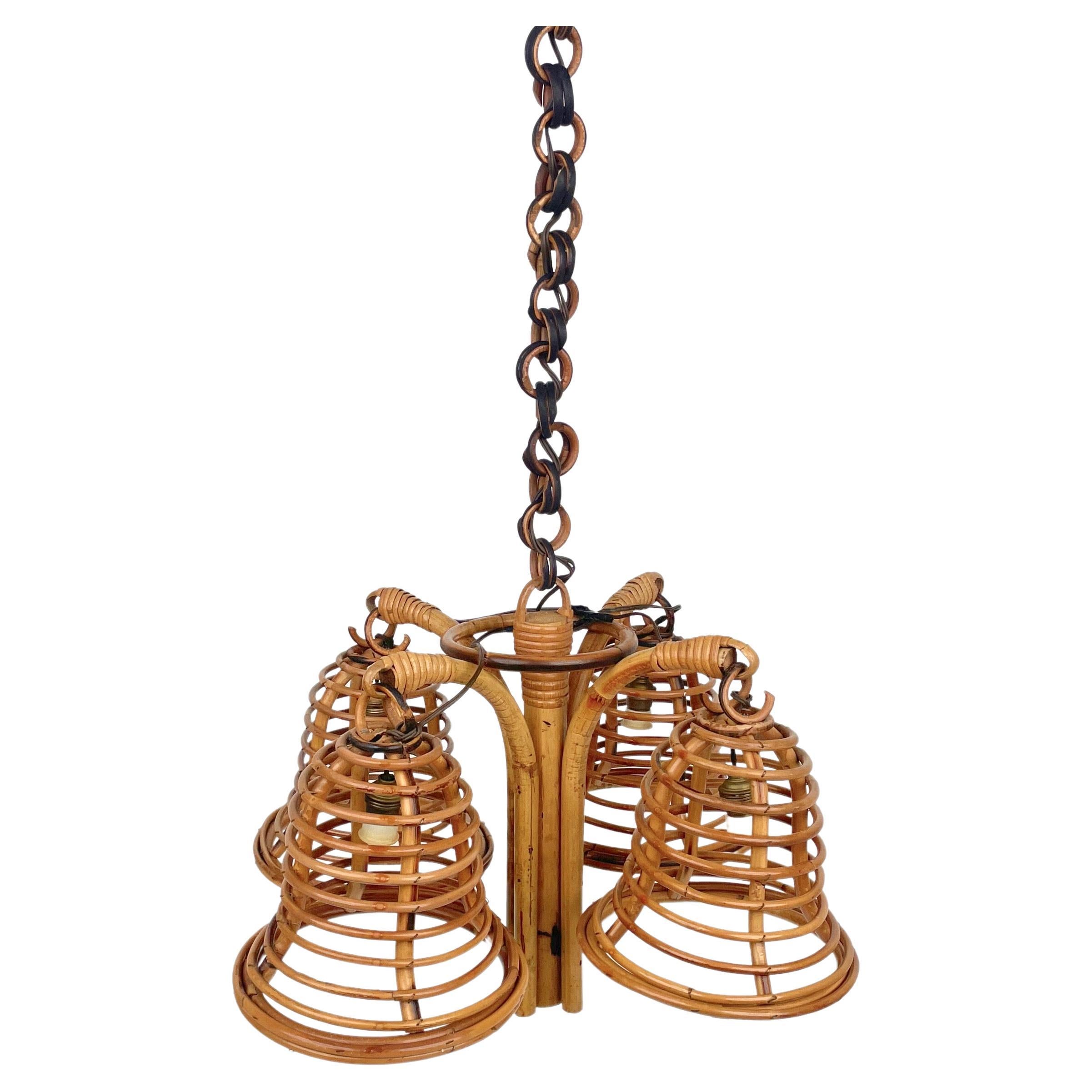Rattan & Bamboo Chandelier Pendant Louis Sognot Style, Italy 1960s