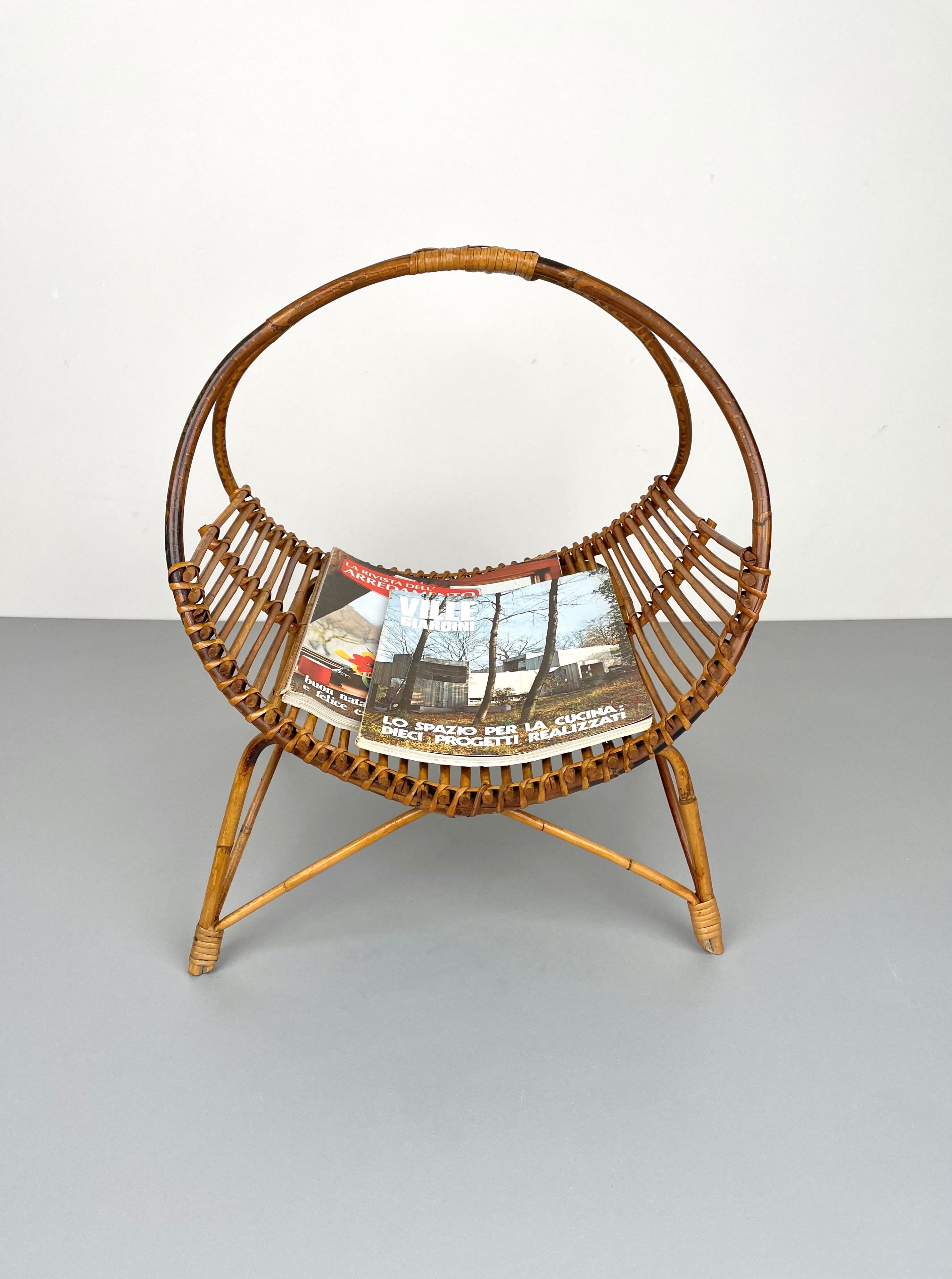 Rattan & Bamboo Curved Magazine Rack, Italy, 1960s For Sale 1