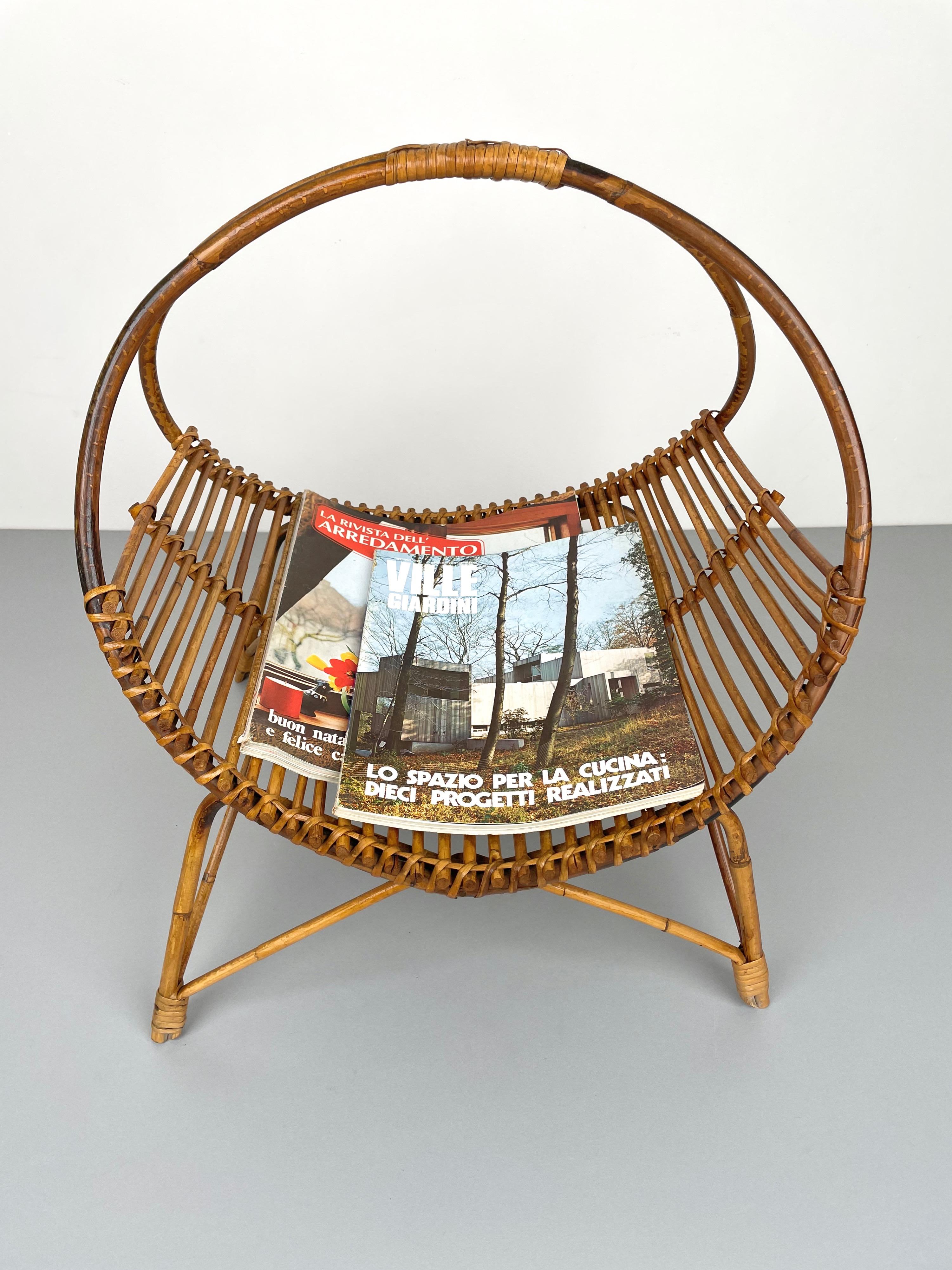 Rattan & Bamboo Curved Magazine Rack, Italy, 1960s For Sale 2