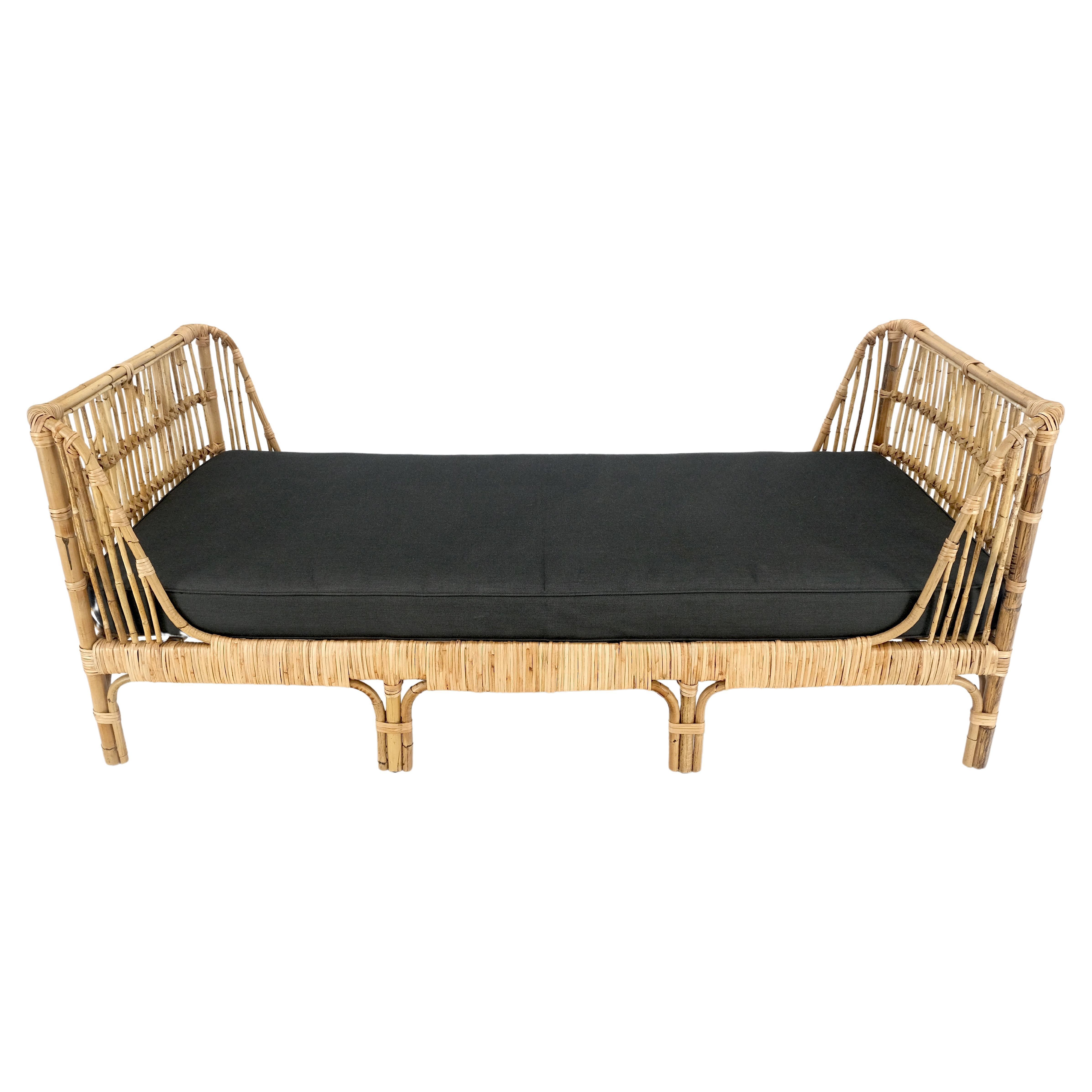 Rattan Bamboo Daybed Black Linen Cushion Mid Century Modern Style MINT For Sale