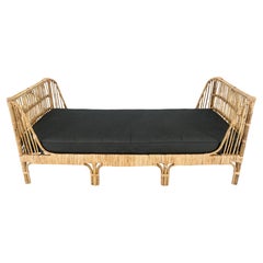 Used Rattan Bamboo Daybed Black Linen Cushion Mid Century Modern Style MINT