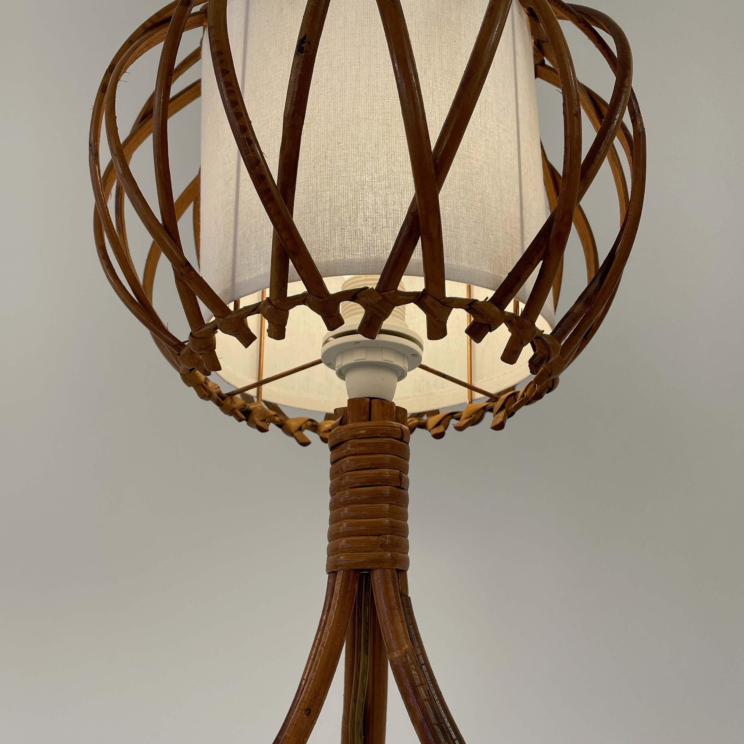 Rattan Bamboo & Fabric Table Lamp, Louis SOGNOT France 1950s For Sale 8