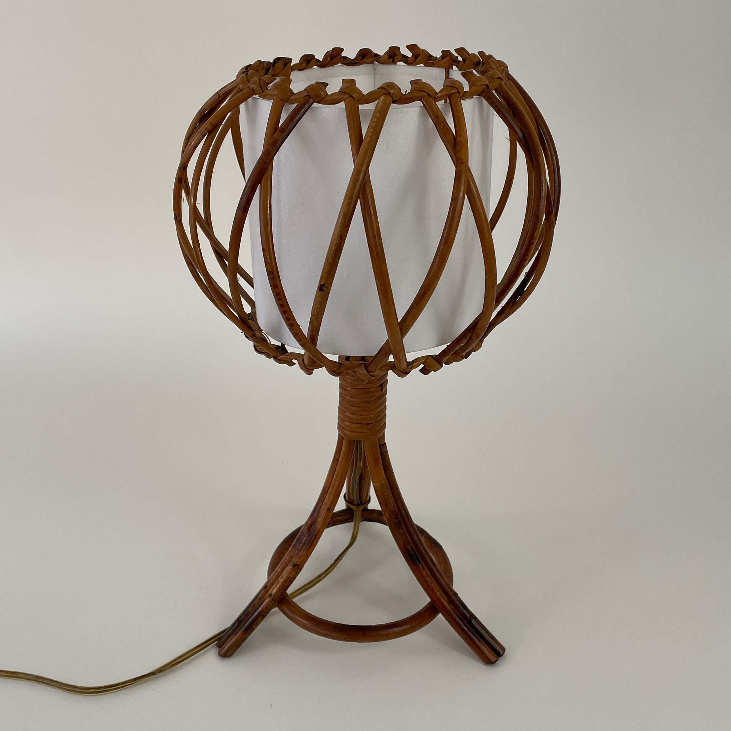 French Rattan Bamboo & Fabric Table Lamp, Louis SOGNOT France 1950s For Sale