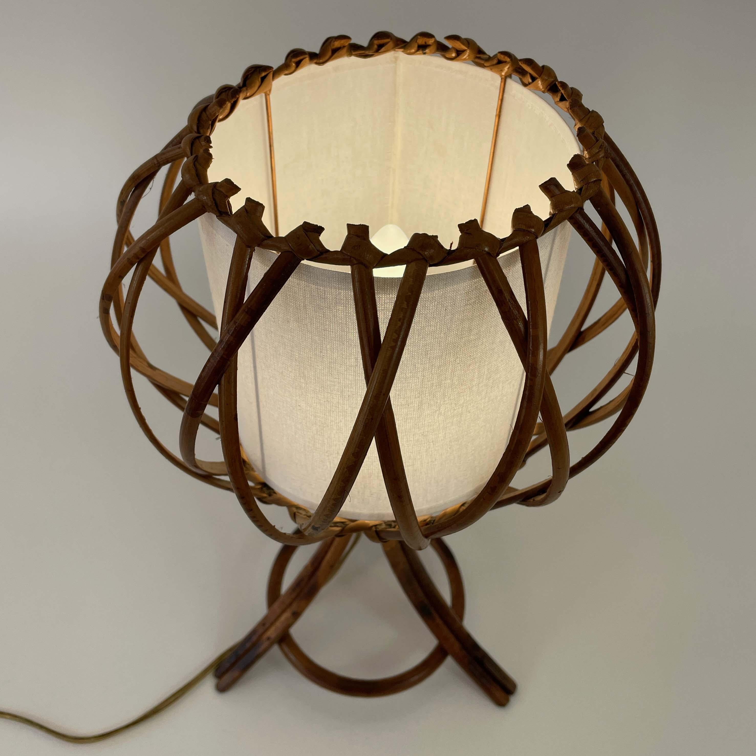 Rattan Bamboo & Fabric Table Lamp, Louis SOGNOT France 1950s For Sale 2