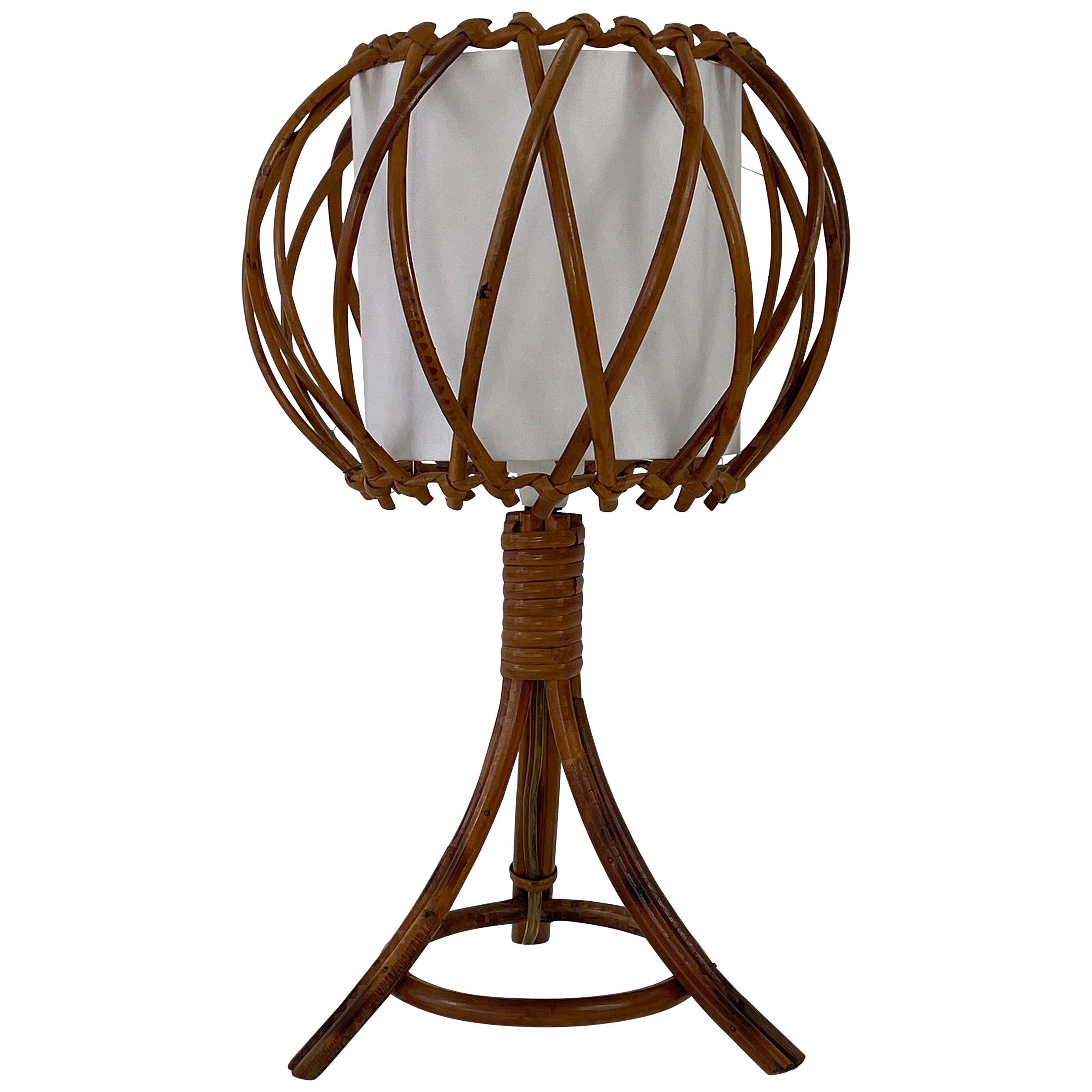 Lámpara de mesa de ratán, bambú y tela, Louis SOGNOT Francia Años 50