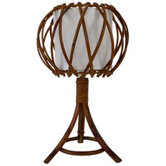 Rattan Bamboo & Fabric Table Lamp, Louis SOGNOT France 1950s