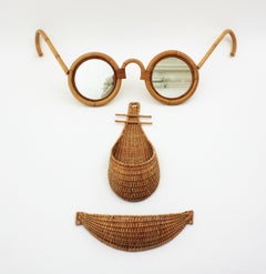 Rattan Bamboo Wicker Face Glasses Mirror Wall Decoration