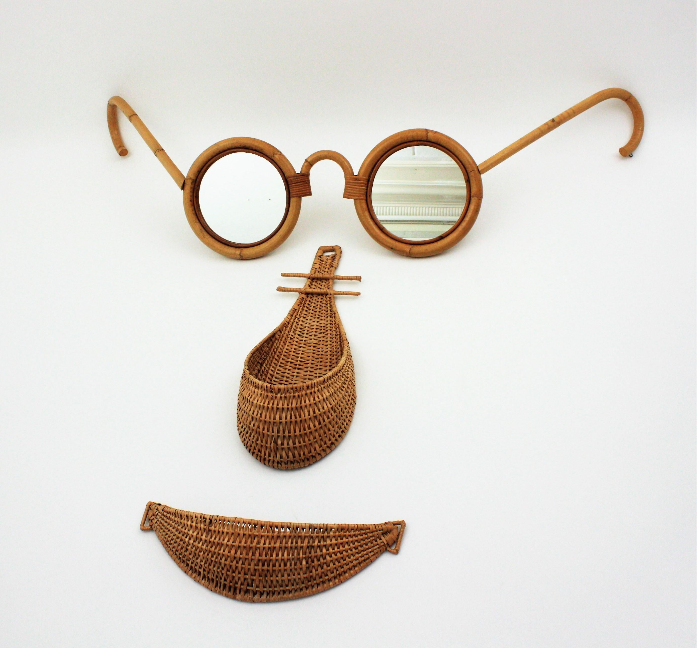 Mid-Century Modern Rattan Bamboo Wicker Face Glasses Mirror Wall Decoration For Sale